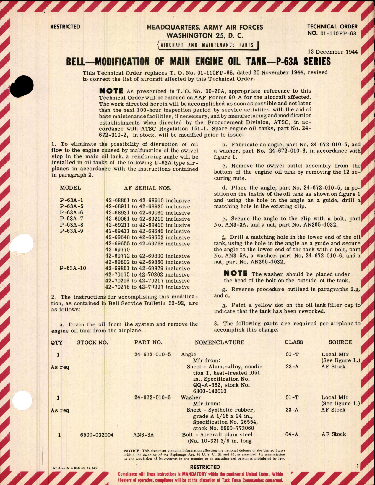 Sample page 1 from AirCorps Library document: Modification of Main Engine Oil Tank for P-63A 