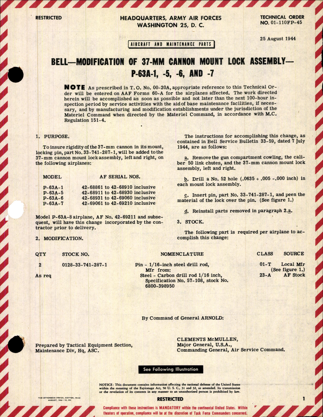 Sample page 1 from AirCorps Library document: Modification of 37-MM Cannon Mount Lock Assembly