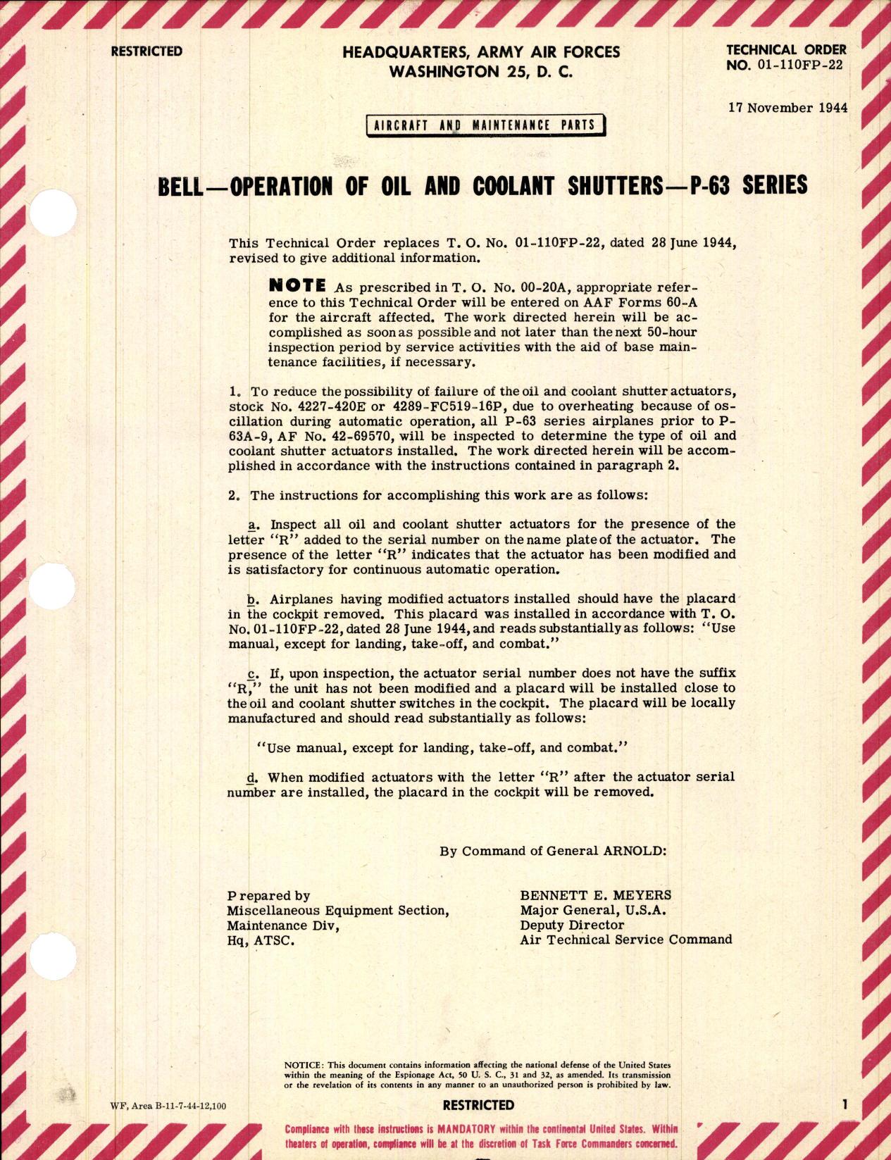 Sample page 1 from AirCorps Library document: Operation of Oil and Coolant Shutters for P-63 Series