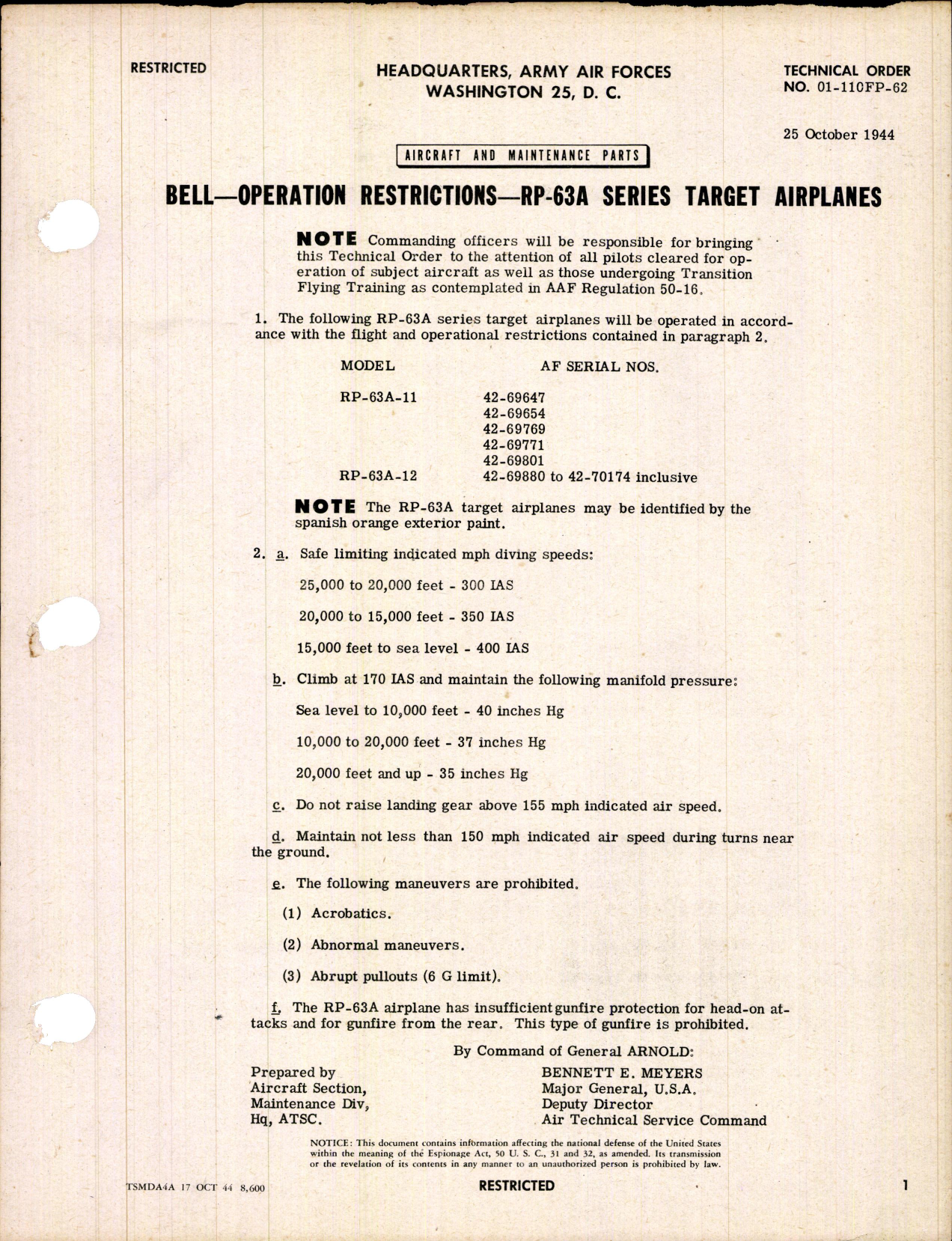 Sample page 1 from AirCorps Library document: Operation Restrictions for RP-63A Target Airplanes