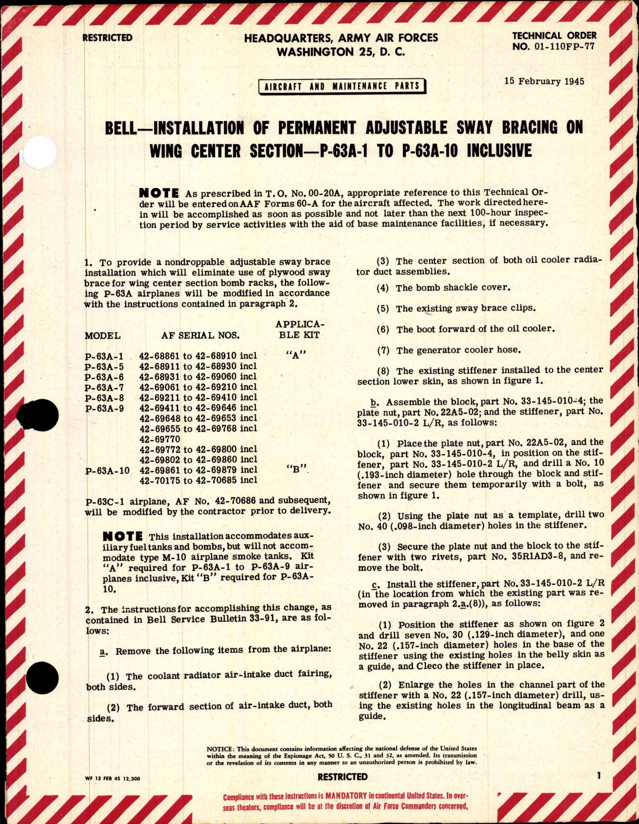 Sample page 1 from AirCorps Library document: Permanent Adjustable Sway Bracing on Wing Center