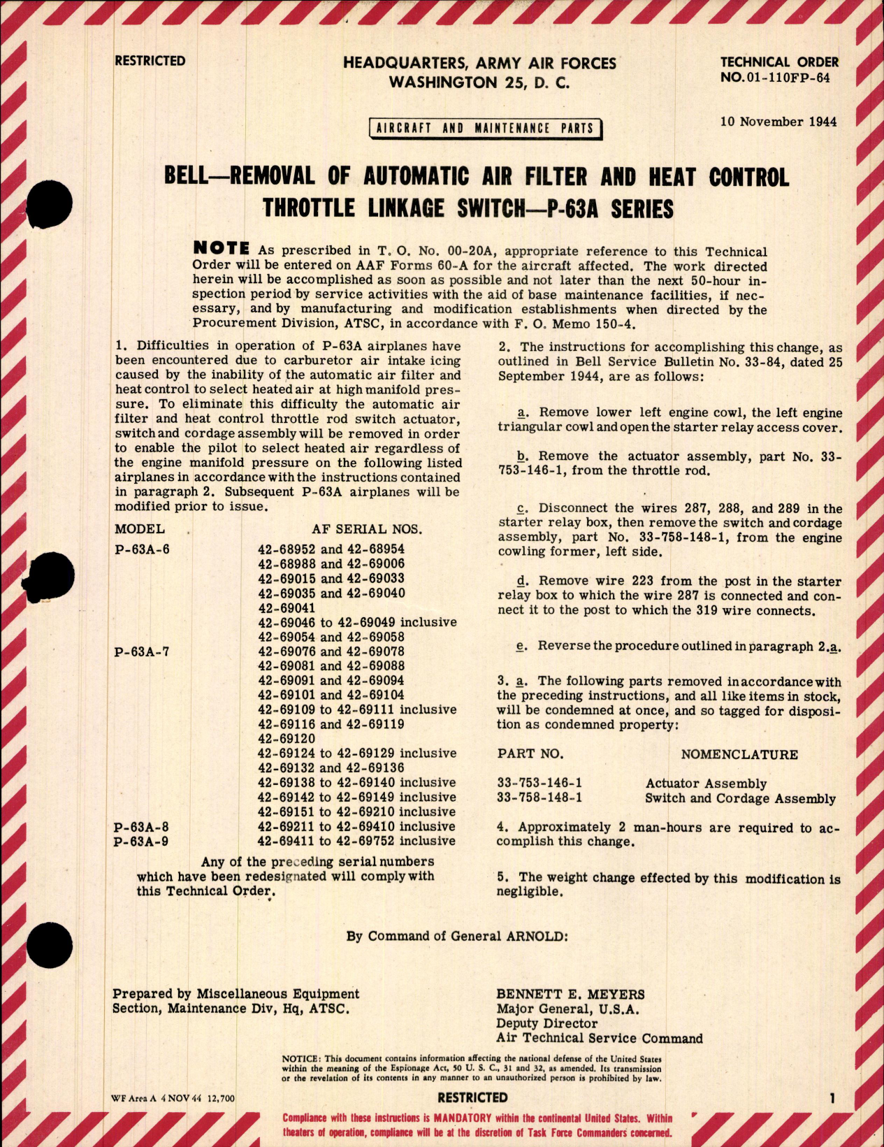 Sample page 1 from AirCorps Library document: Removal of Automatic Air Filter & Heat Control Throttle