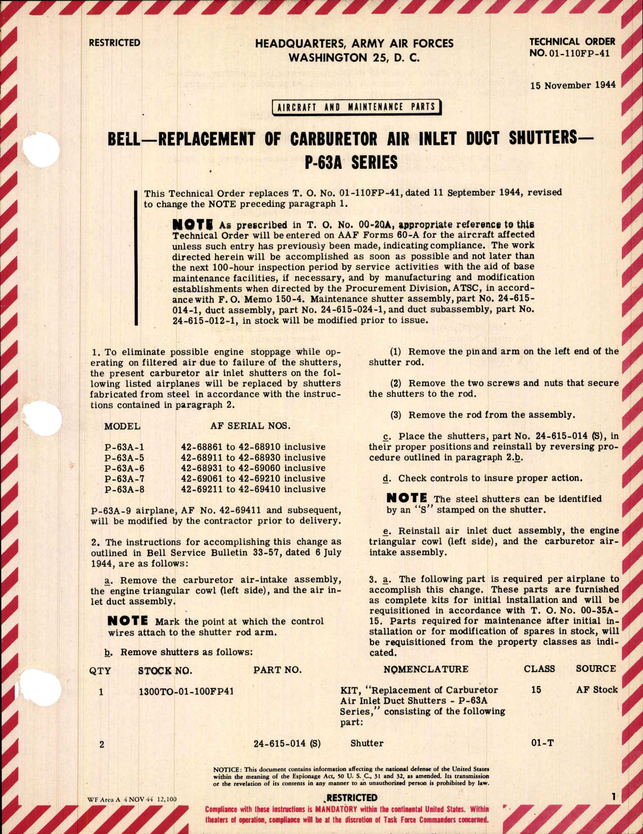 Sample page 1 from AirCorps Library document: Replacement of Carburetor Air Inlet Duct Shutters