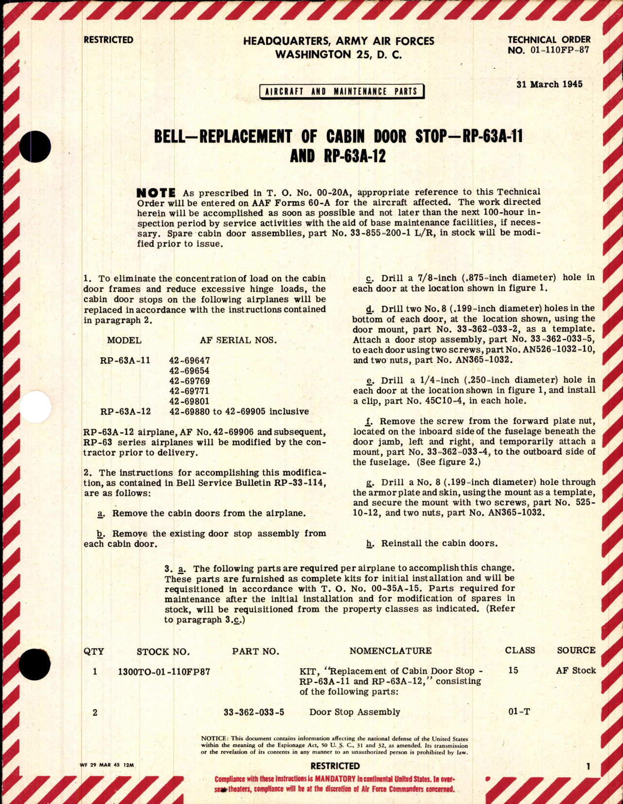 Sample page 1 from AirCorps Library document: Replacement of Cabing Door Stop for RP-63A