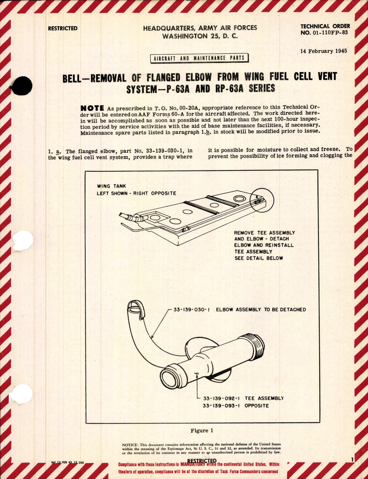 Sample page 1 from AirCorps Library document: Removal of Flanged Elbow from Wing Fuel Cell Vent