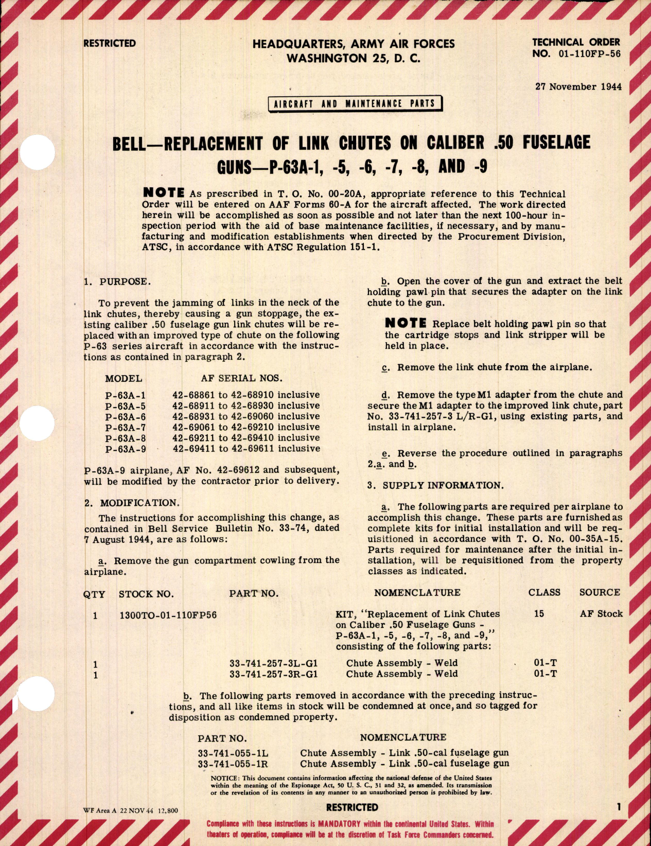 Sample page 1 from AirCorps Library document: Replacement of Link Chutes on Caliber .50 Fuselage Guns