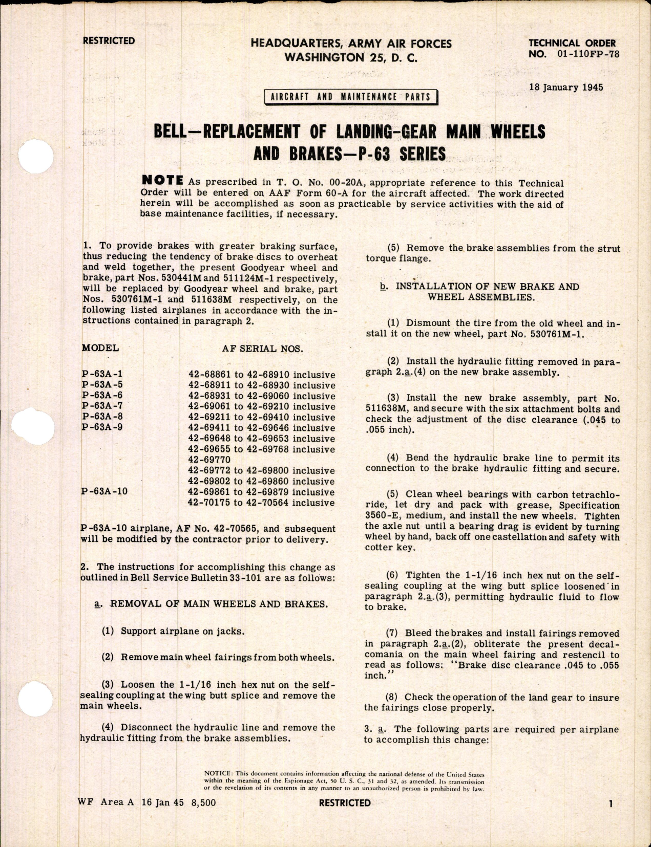 Sample page 1 from AirCorps Library document: Replacement of Landing Gear Main Wheels & Brakes