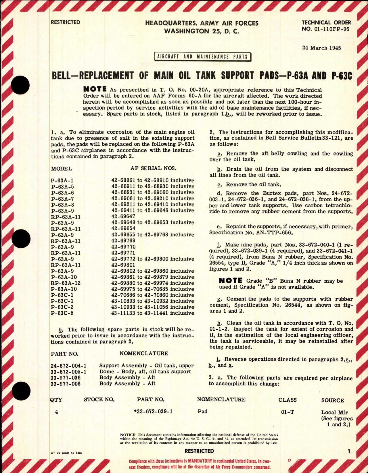 Sample page 1 from AirCorps Library document: Replacement of Main Oil Tank Support Pads