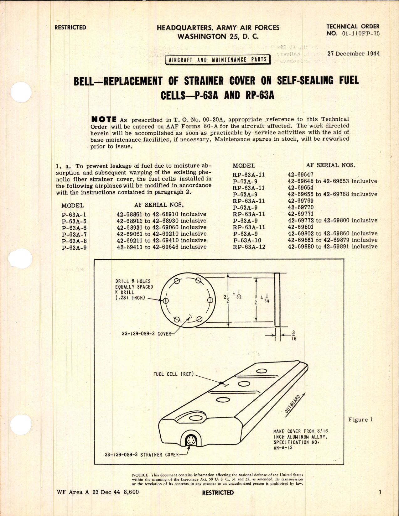 Sample page 1 from AirCorps Library document: Replacement of Strainer Cover on Self Sealing Fuel Cells