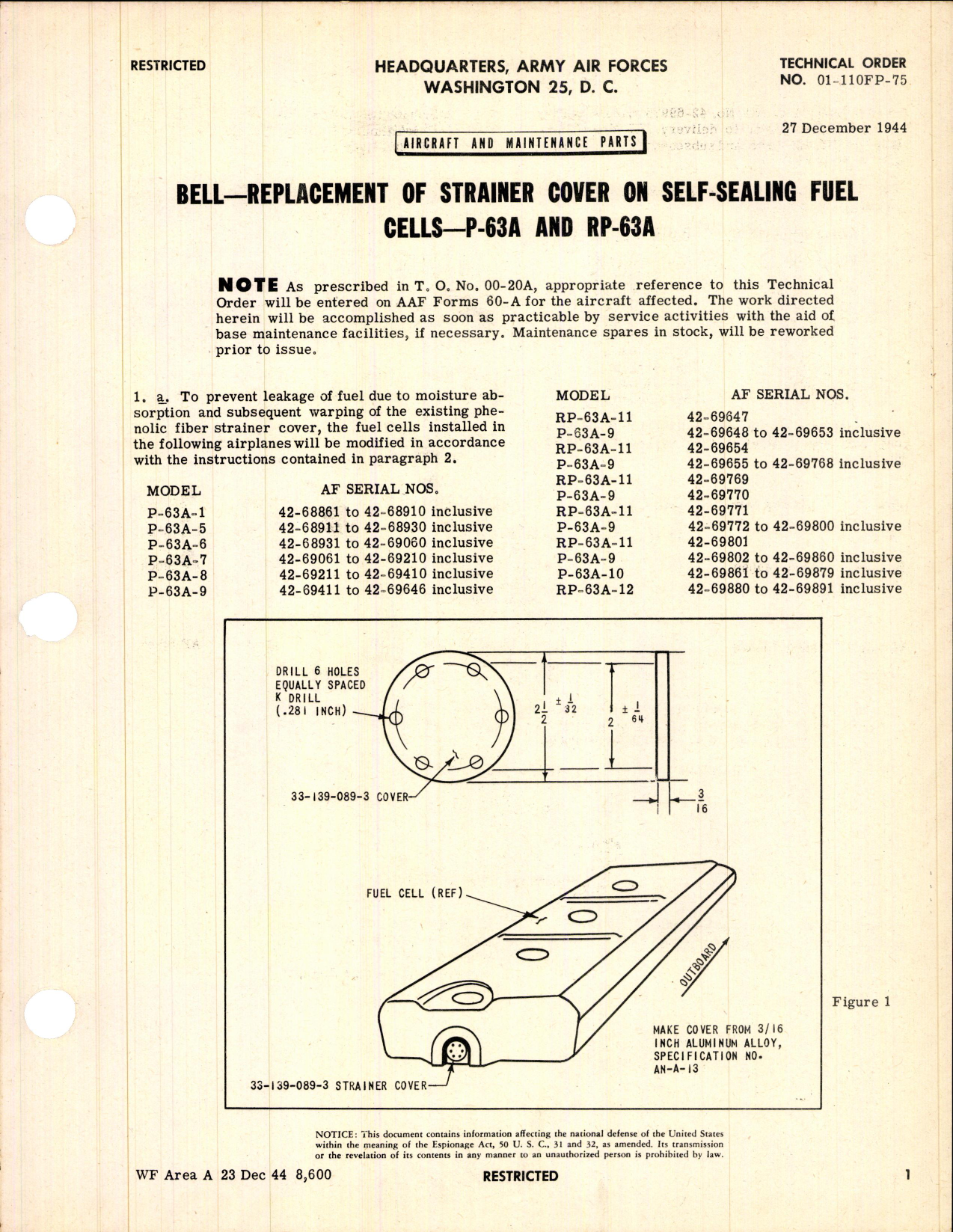 Sample page 1 from AirCorps Library document: Replacement of Strainer Cover on Self Sealing Fuel Cells for P-36A & RP-63A