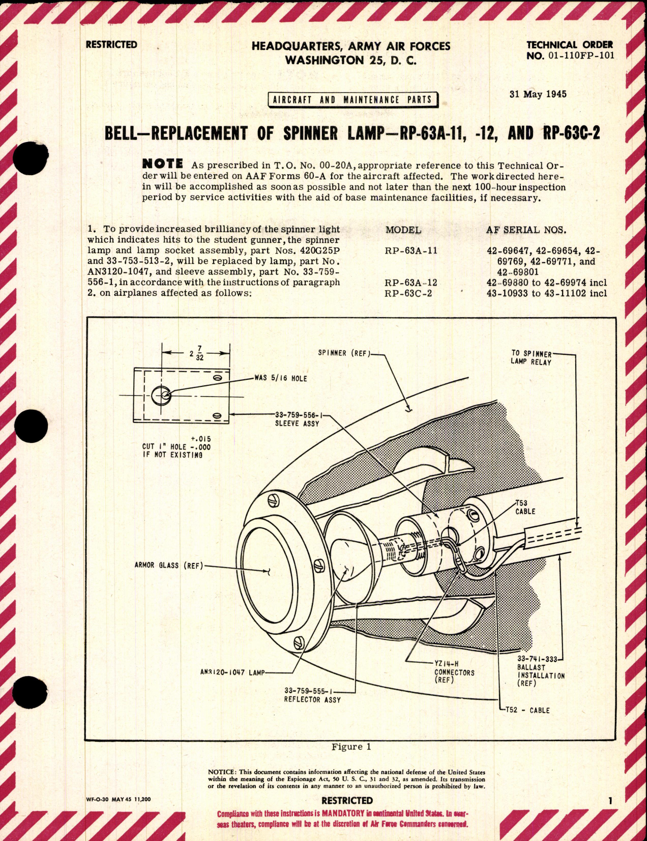 Sample page 1 from AirCorps Library document: Replacement fo Spinner Lamp for RP-63A
