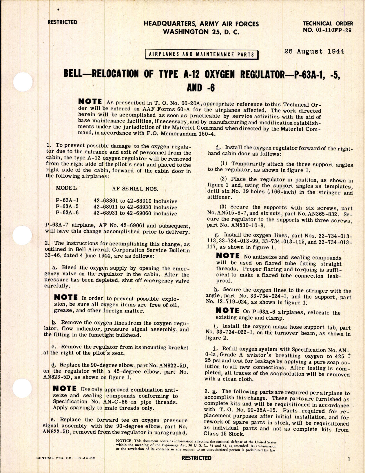 Sample page 1 from AirCorps Library document: Relocation of Type A-12 Oxygen Regulator for P-63A