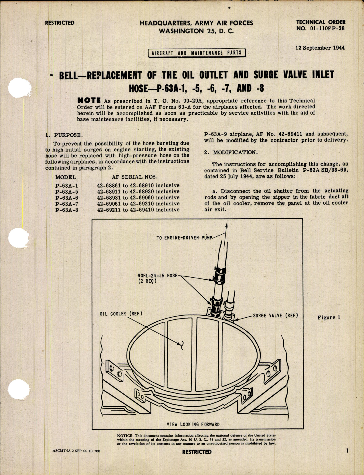 Sample page 1 from AirCorps Library document: Replacement of the Oil Outlet and Surge Valve Inlet Hose