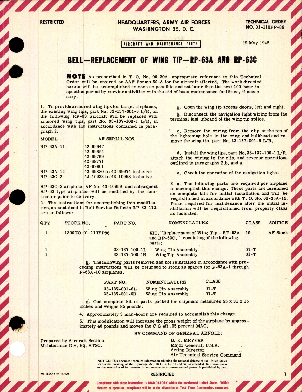 Sample page 1 from AirCorps Library document: Replacement of Wing Tip for RP-63A and C