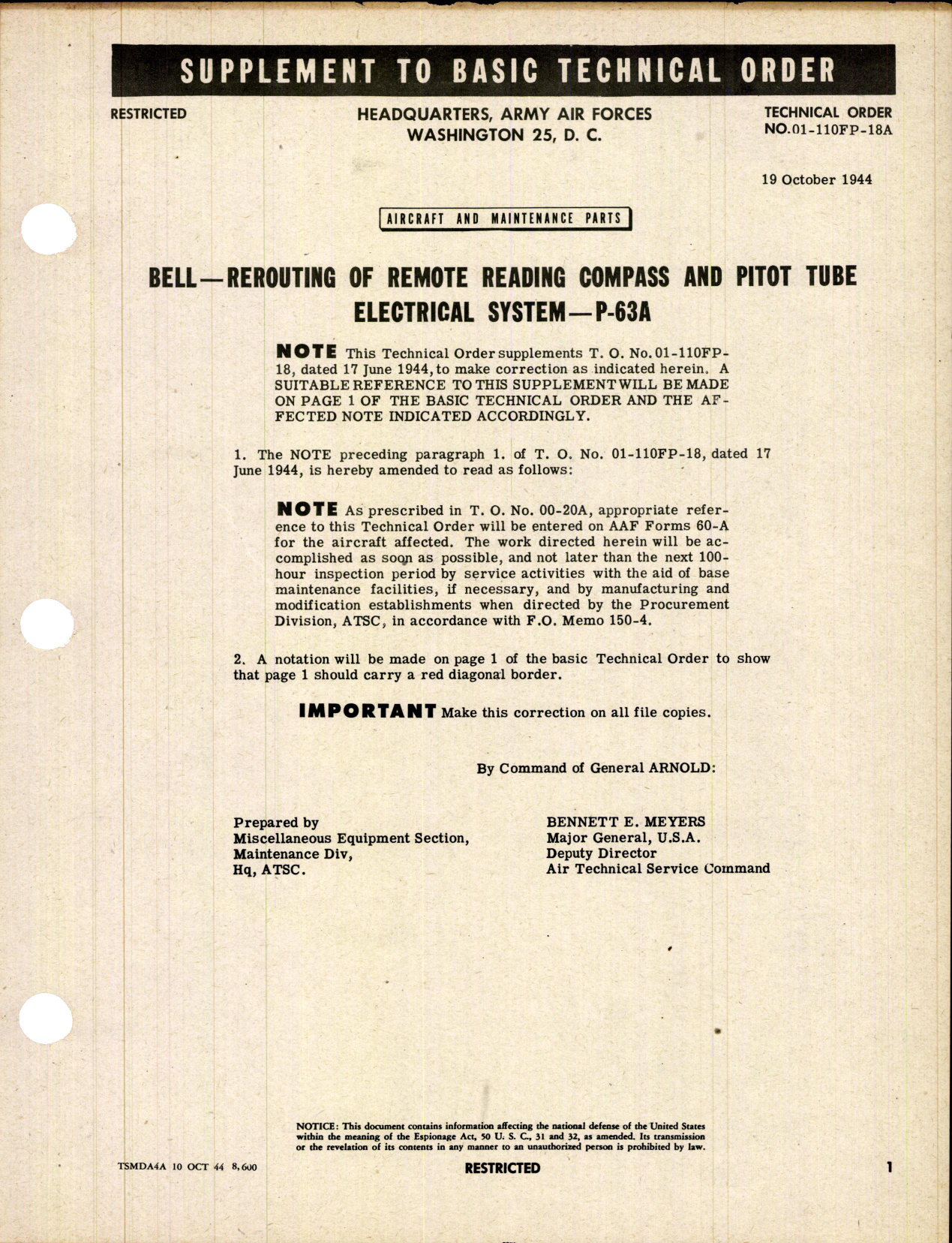 Sample page 1 from AirCorps Library document: Rerouting of Remote Reading Compass & Pitot Tube