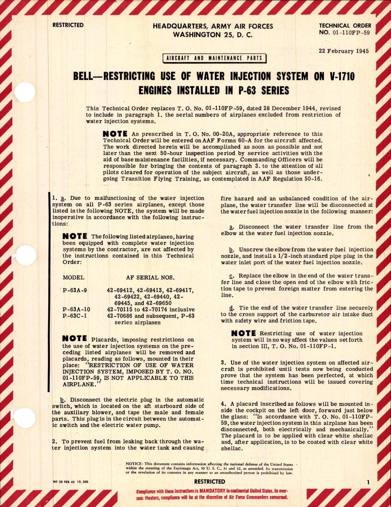 Sample page 1 from AirCorps Library document: Restricting Use of Water Injection System on V-1710 Engines