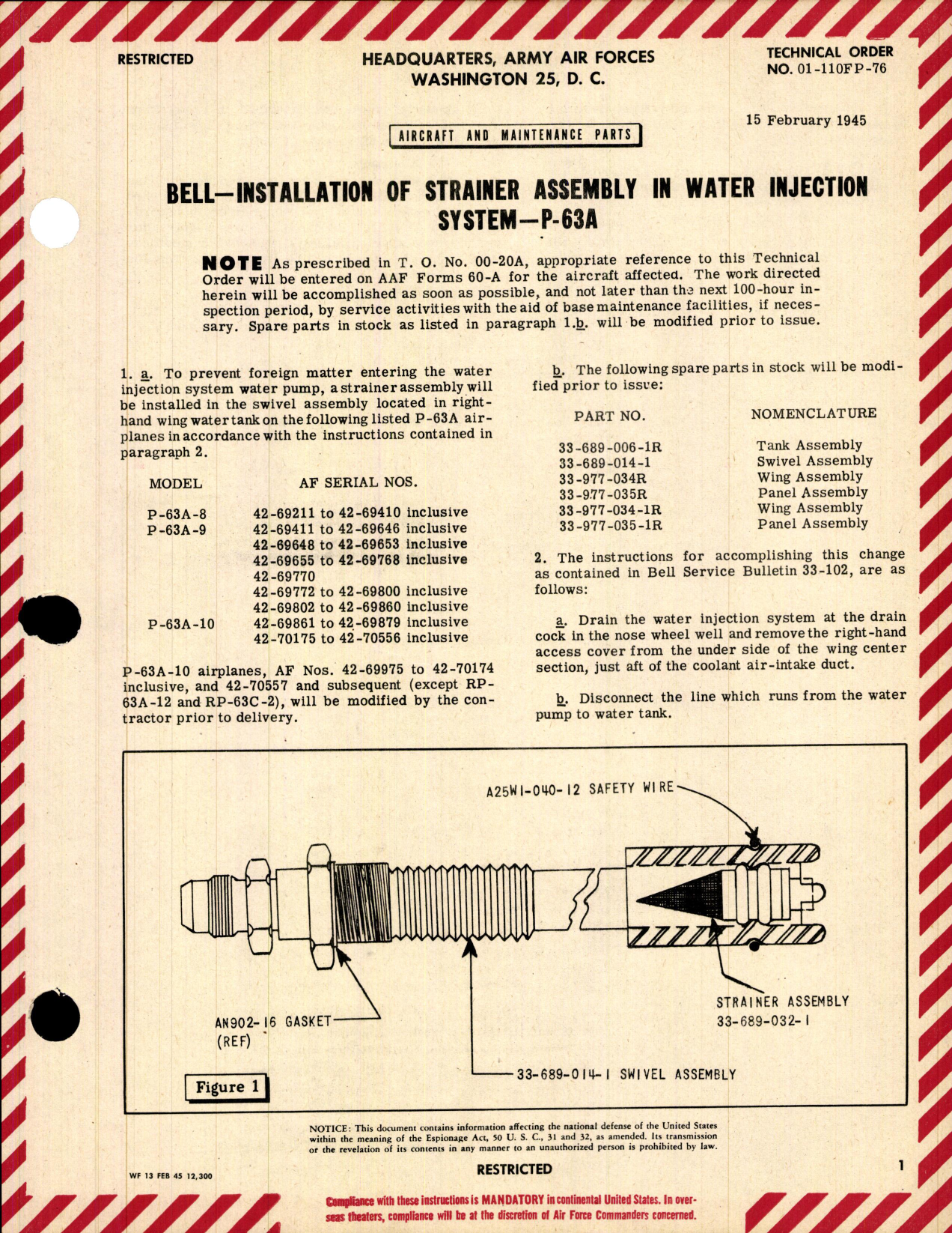 Sample page 1 from AirCorps Library document: Installation of Strainer Assembly in Water Injection System