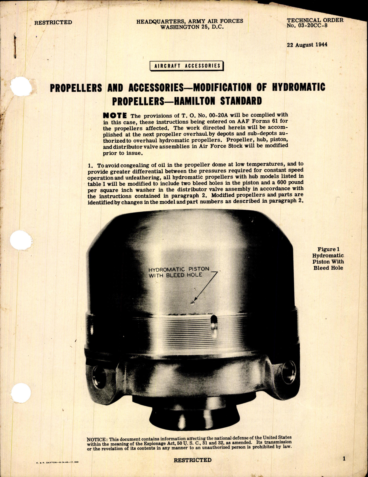 Sample page 1 from AirCorps Library document: Modification of Hydromatic Propellers