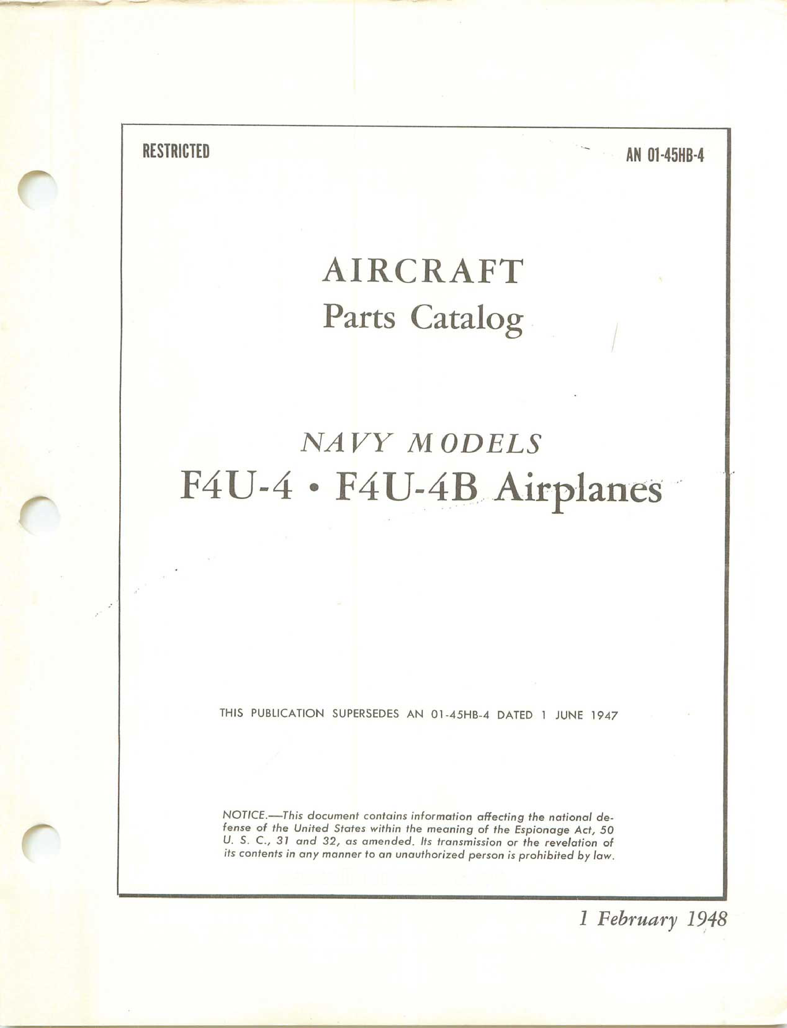 Sample page 1 from AirCorps Library document: Parts Catalog for F4U-4 and F4U-4B Airplanes