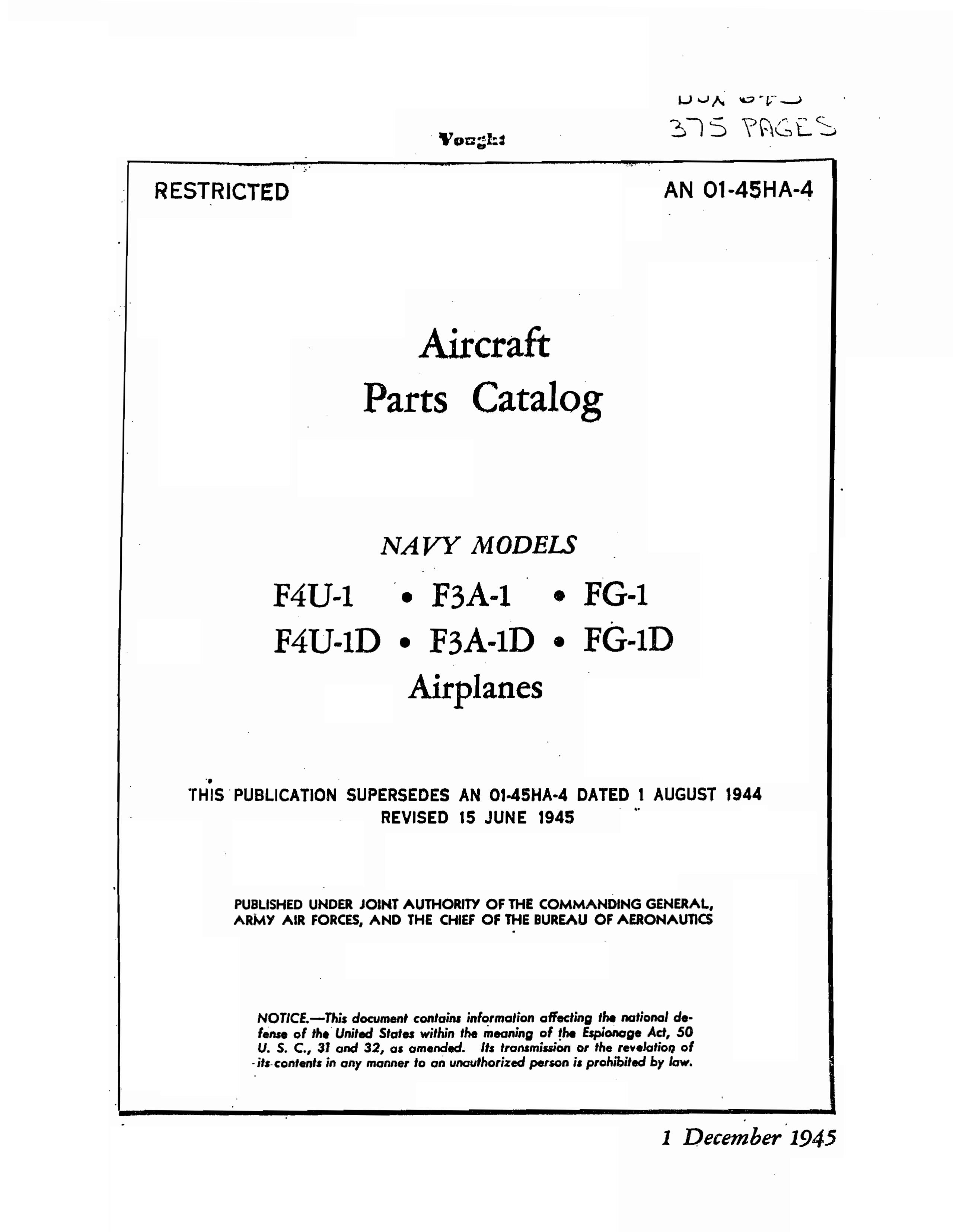 Sample page 1 from AirCorps Library document: Parts Catalog for F4U-1, F3A-1, FG-1, F4U-1D, F3A-1D, and FG-1D