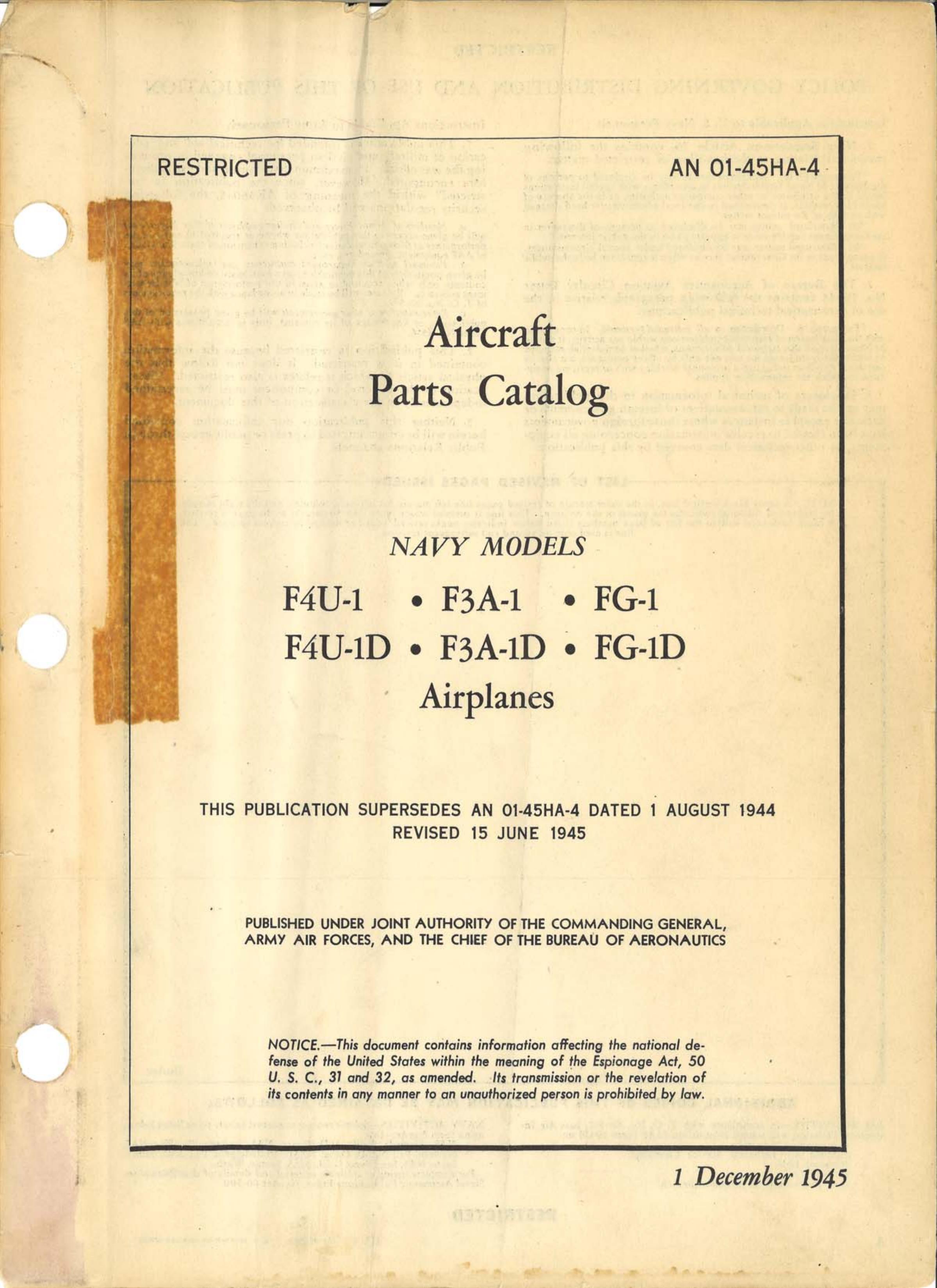 Sample page 1 from AirCorps Library document: Parts Catalog - F4U-1, F3A-1, FG-1