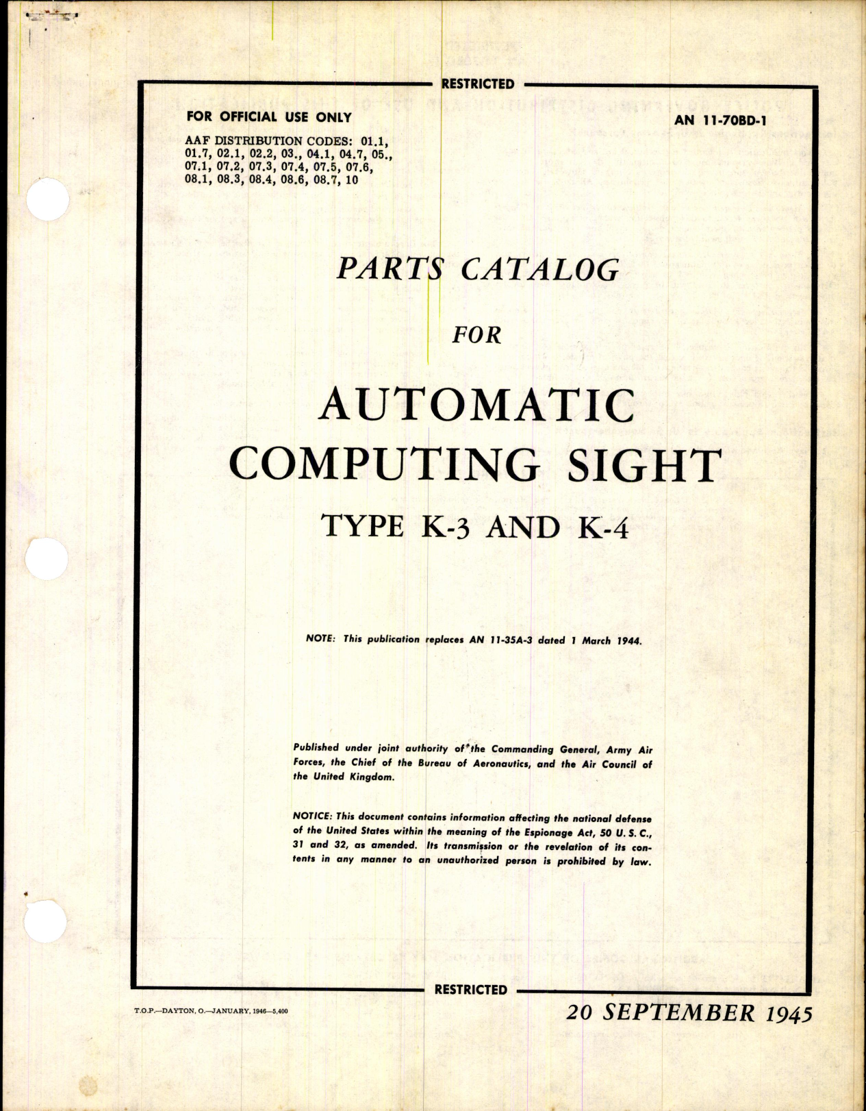 Sample page 1 from AirCorps Library document: Parts Catalog for Automatic Computing Sight Type K-3 and K-4