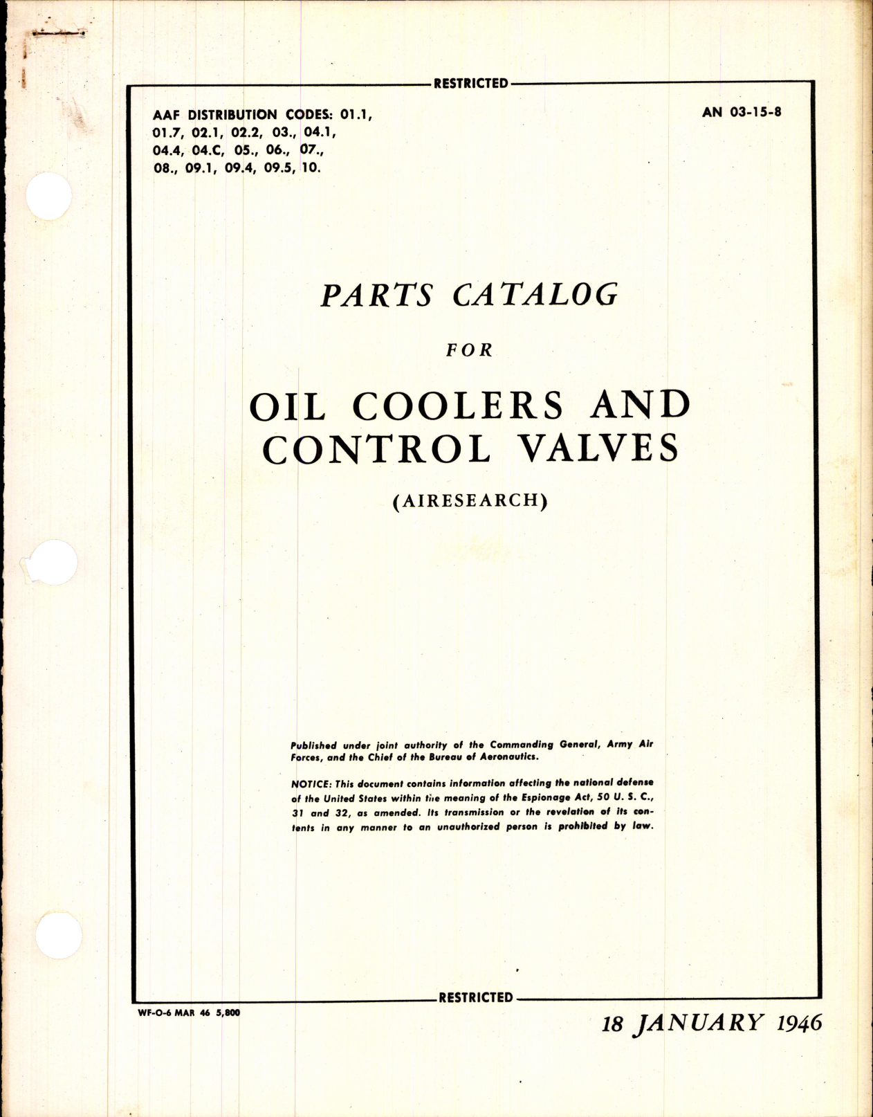 Sample page 1 from AirCorps Library document: Parts Catalog for Oil Coolers and Control Valves