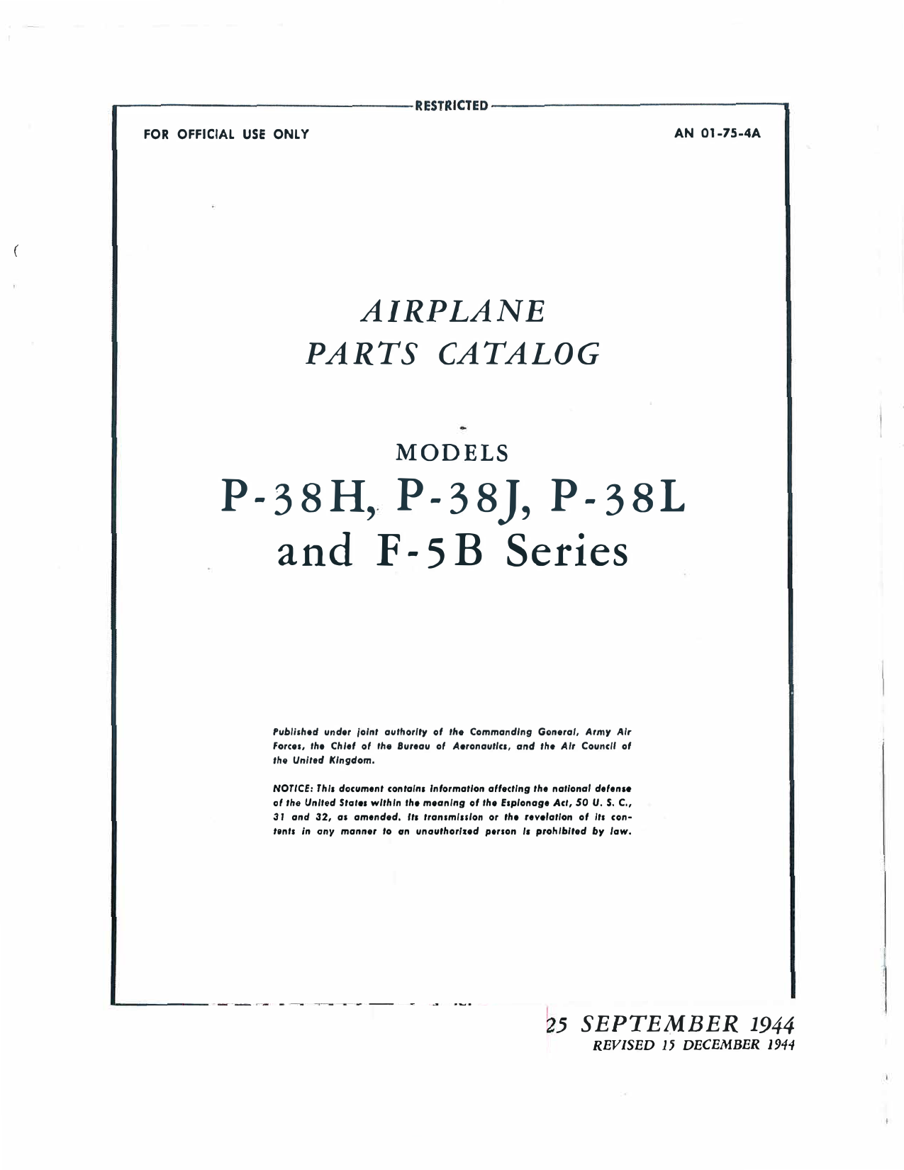 Sample page 1 from AirCorps Library document: Airplane Parts Catalog - P-38H, P-38J, P-38L, F-5B - Dec 1944