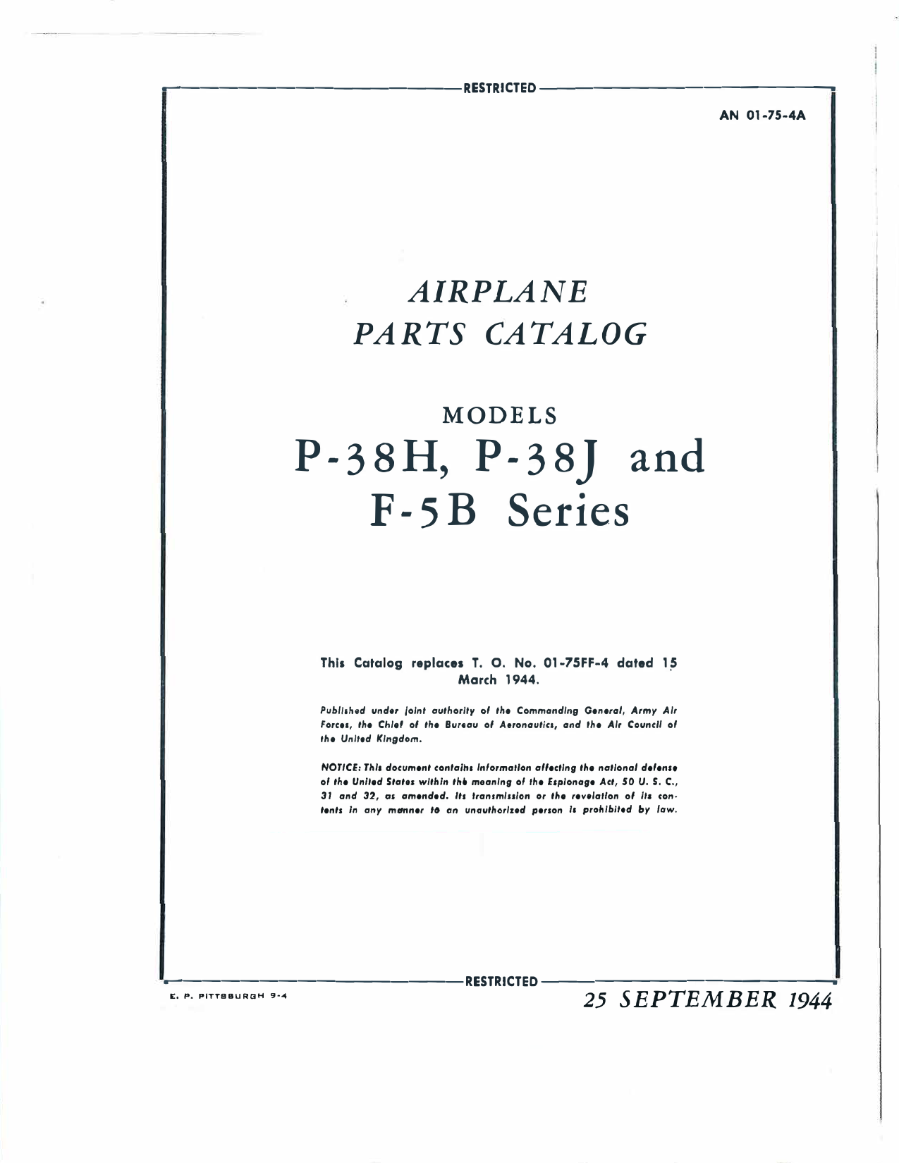 Sample page 1 from AirCorps Library document: Airplane Parts Catalog - P-38H, P-38J, F-5B - Sept 1944