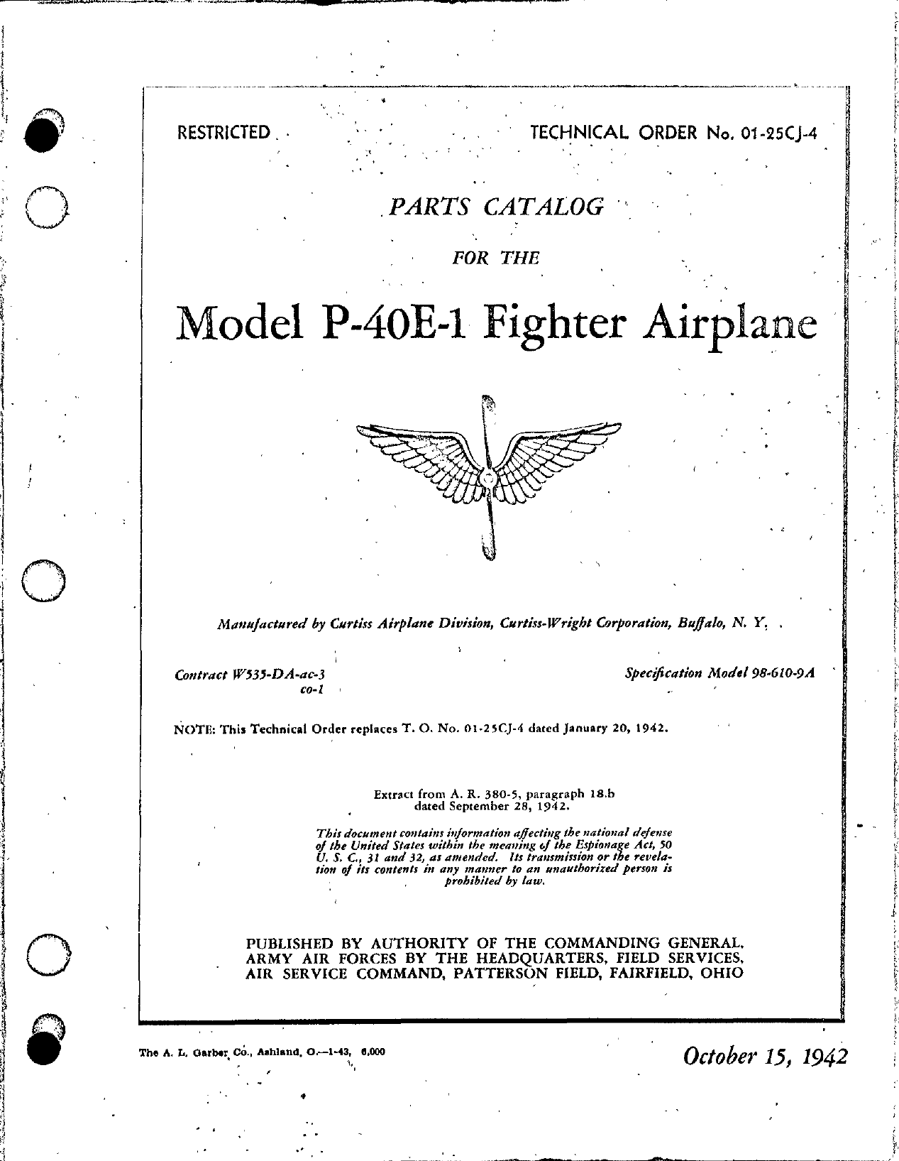 Sample page 1 from AirCorps Library document: Parts Catalog - P-40E