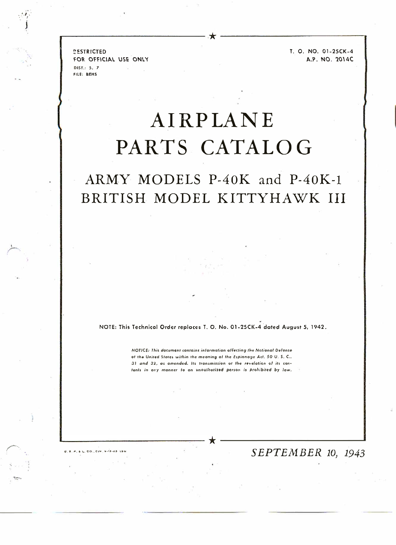 Sample page 1 from AirCorps Library document: Parts Catalog - P-40K