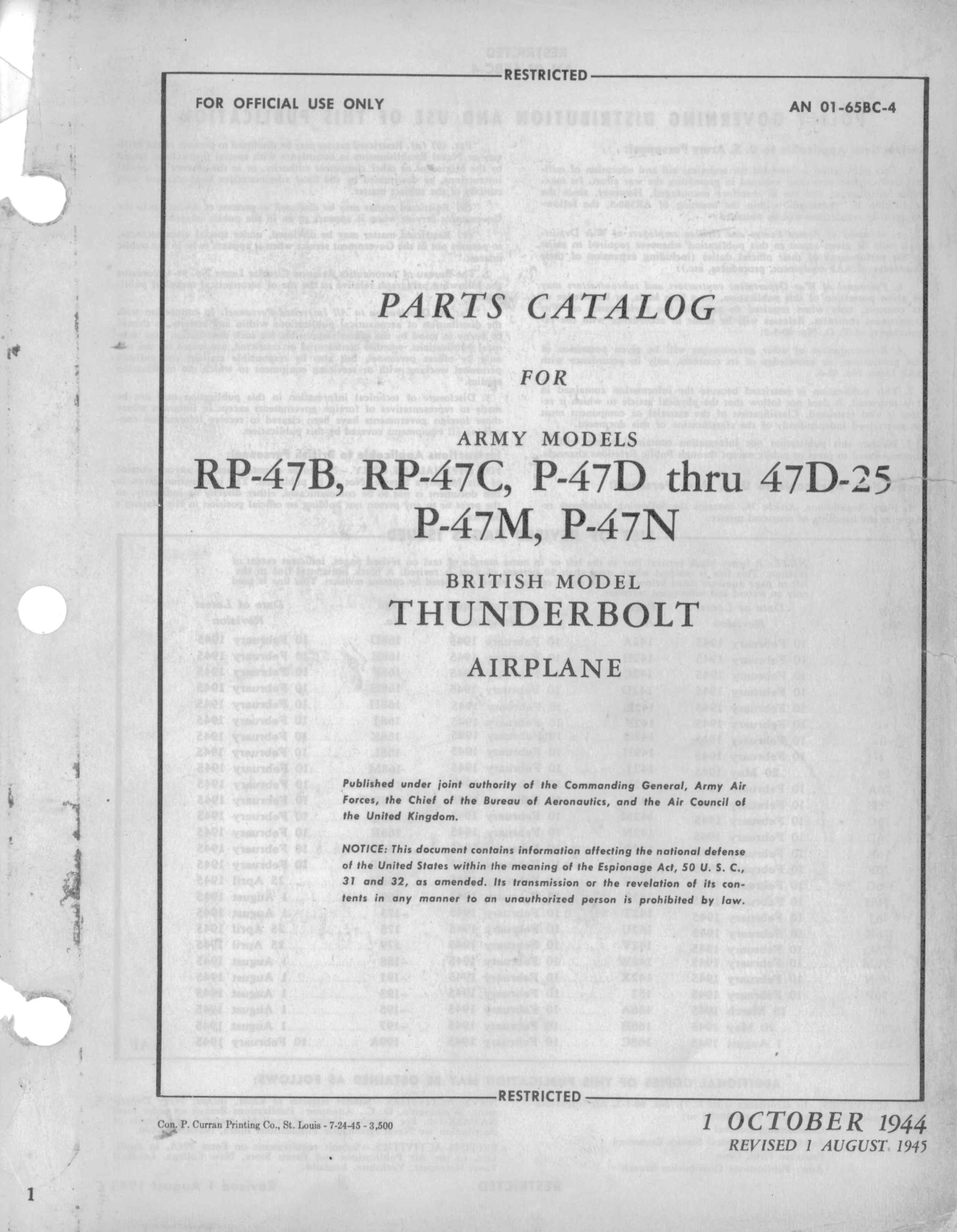 Sample page 1 from AirCorps Library document: Parts Catalog - P-47