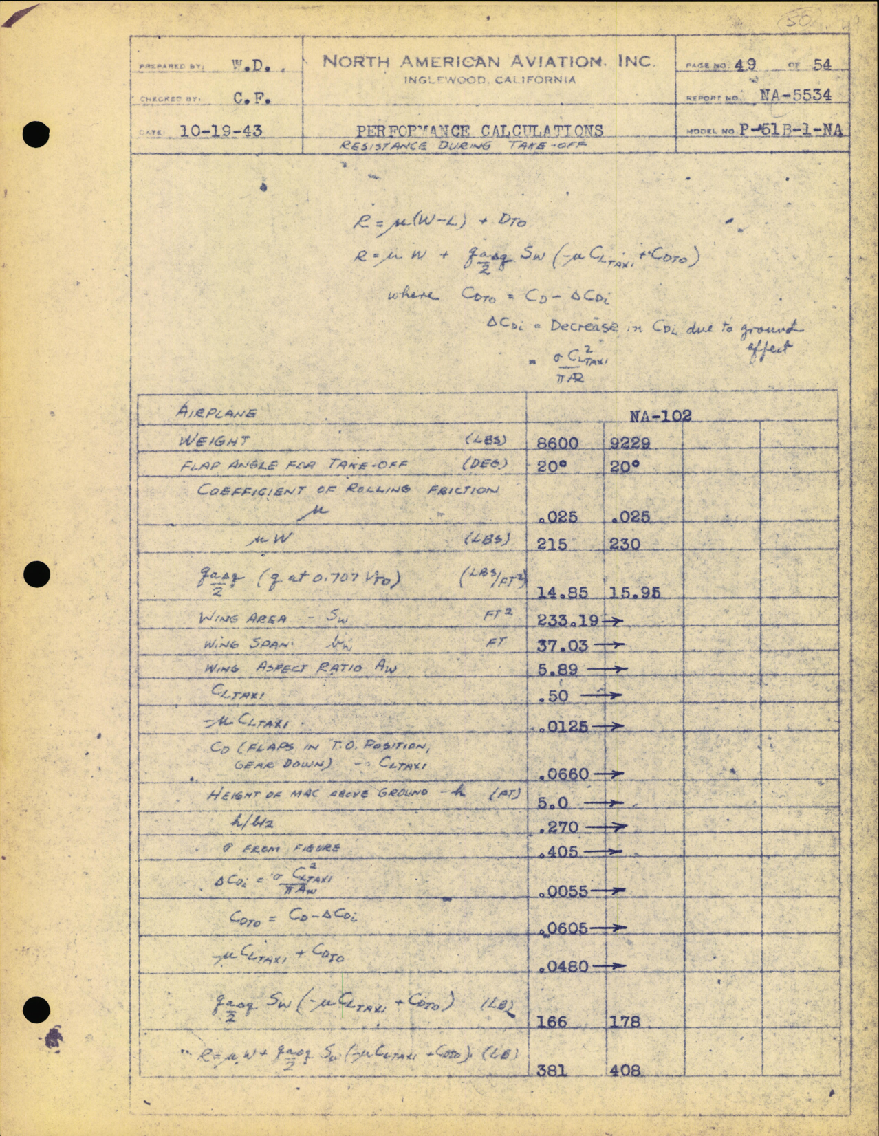 Sample page 55 from AirCorps Library document: Performance Calculations for P-51B-1-NA (North American Engineering Dept)