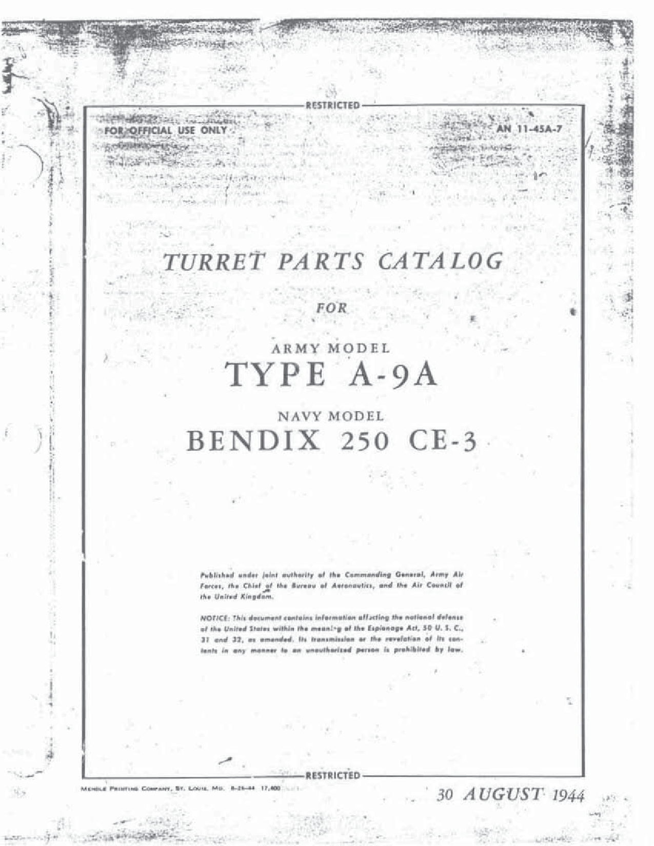 Sample page 1 from AirCorps Library document: Turret Parts Catalog - Army A-9A, Navy 250CE-3