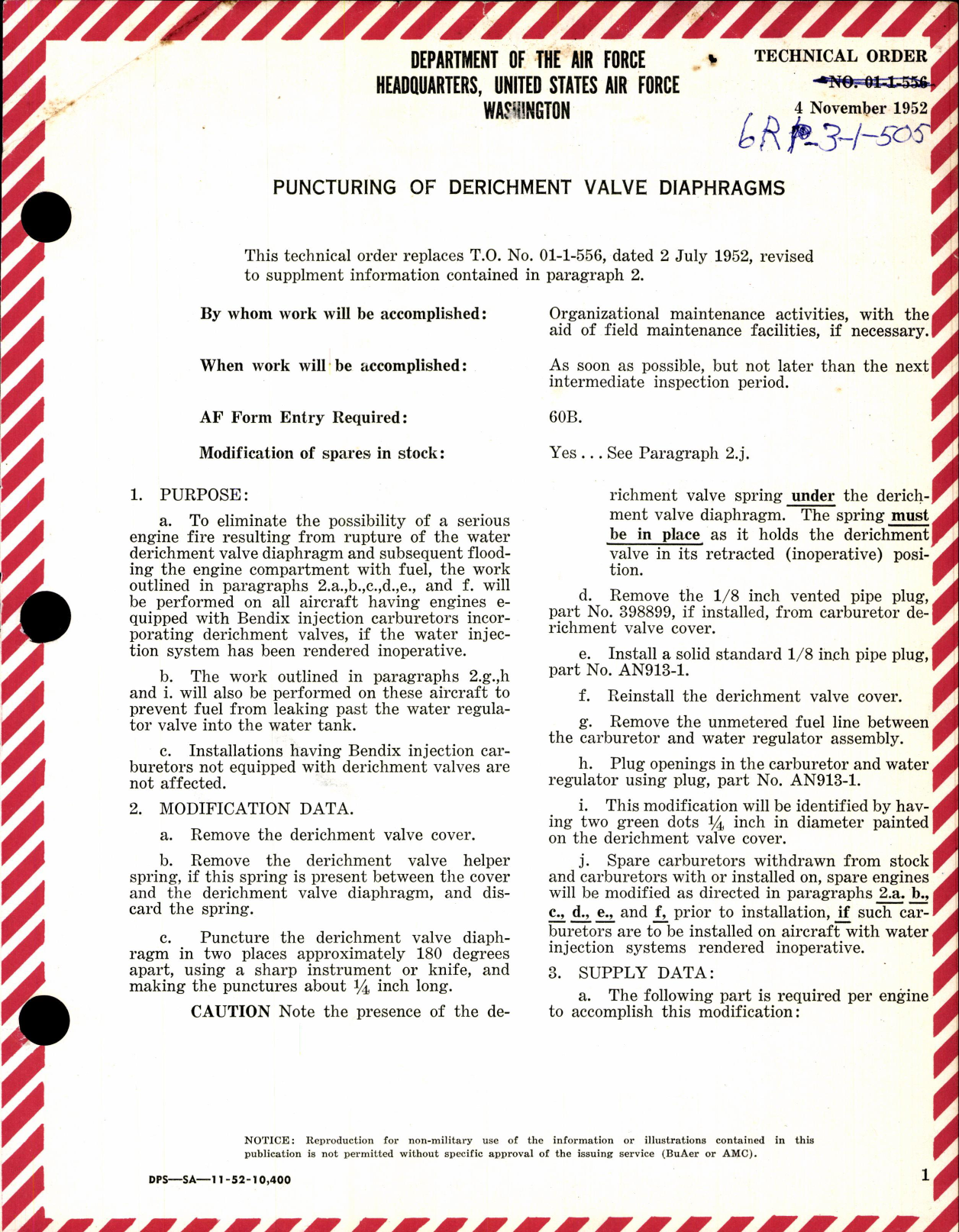 Sample page 1 from AirCorps Library document: Puncturing of Derichment Valve Diaphragms