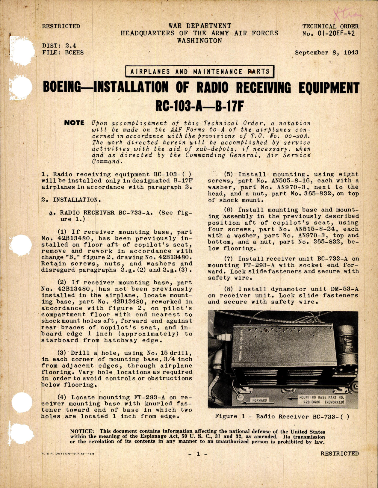 Sample page 1 from AirCorps Library document: Installation of Radio Receiving Equipment RC-103-A for B-17F