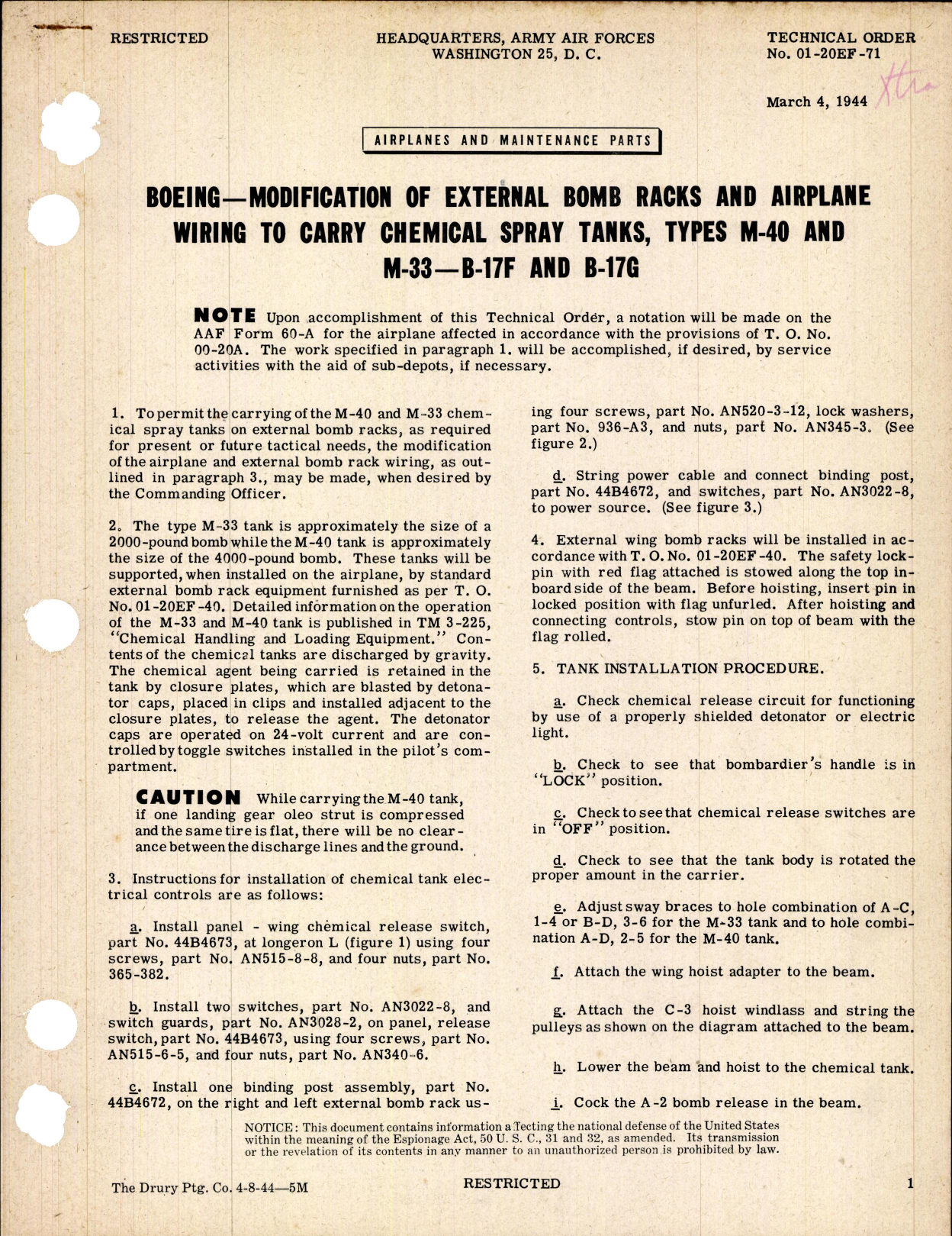 Sample page 1 from AirCorps Library document: Modification of External Bomb Racks and Airplane Wiring to Carry Chemical Spray Tanks Types M-40 and M-33