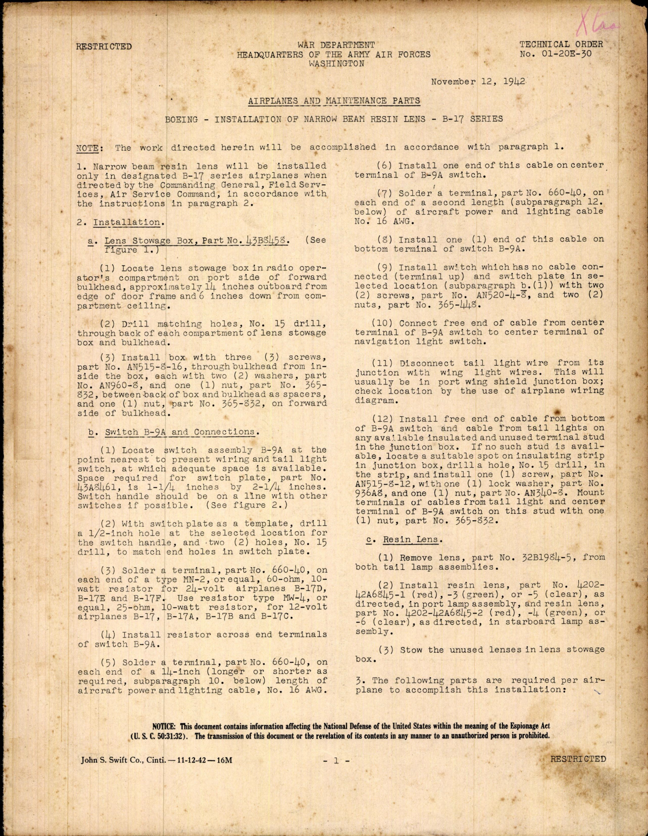 Sample page 1 from AirCorps Library document: Installation of Narrow Beam Resin Lens for B-17 Series