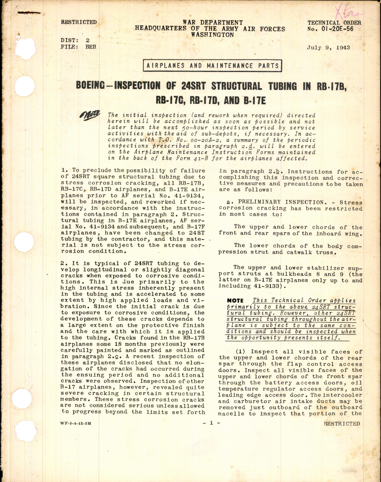 Sample page 1 from AirCorps Library document: Inspection of 24SRT Structural Tubing in RB-17B, RB-17C, RB-17D, and B-17E