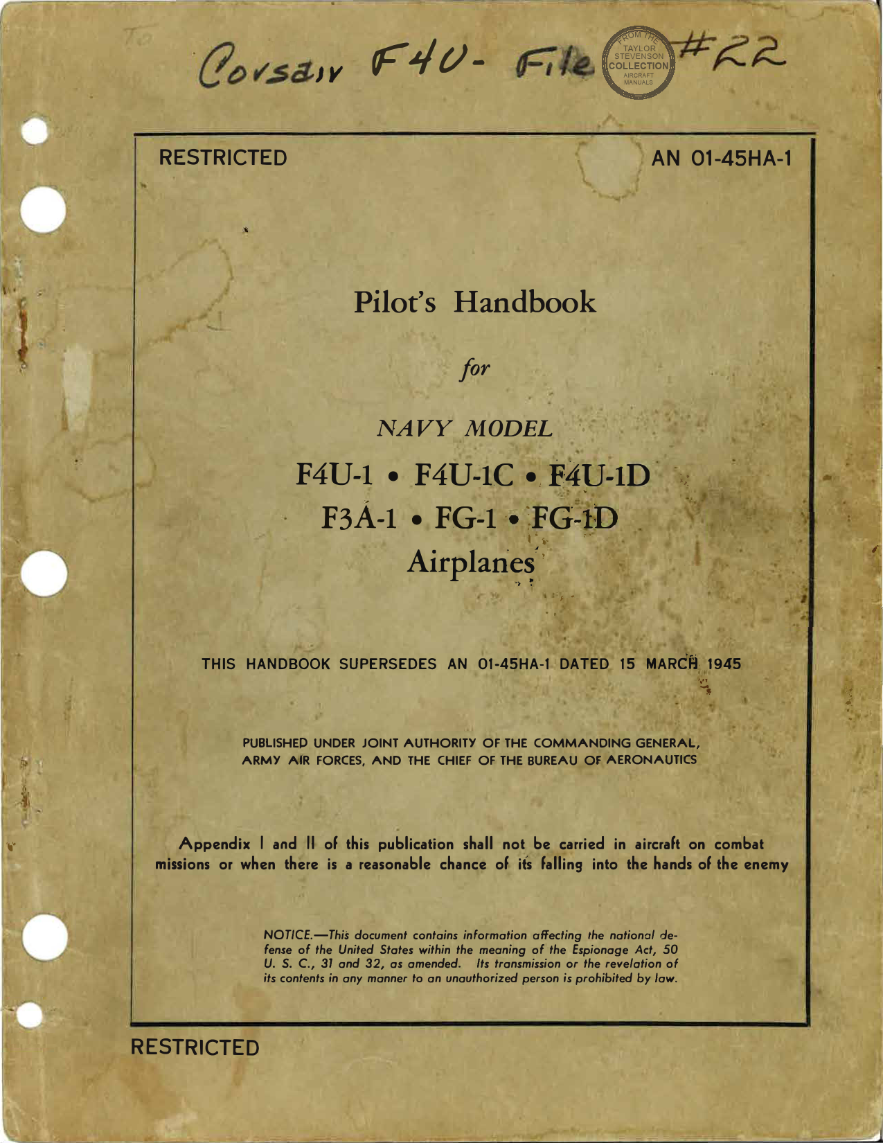 Sample page 1 from AirCorps Library document: Pilot's Handbook - Corsair - F4U F3A FG-1 FG-1D