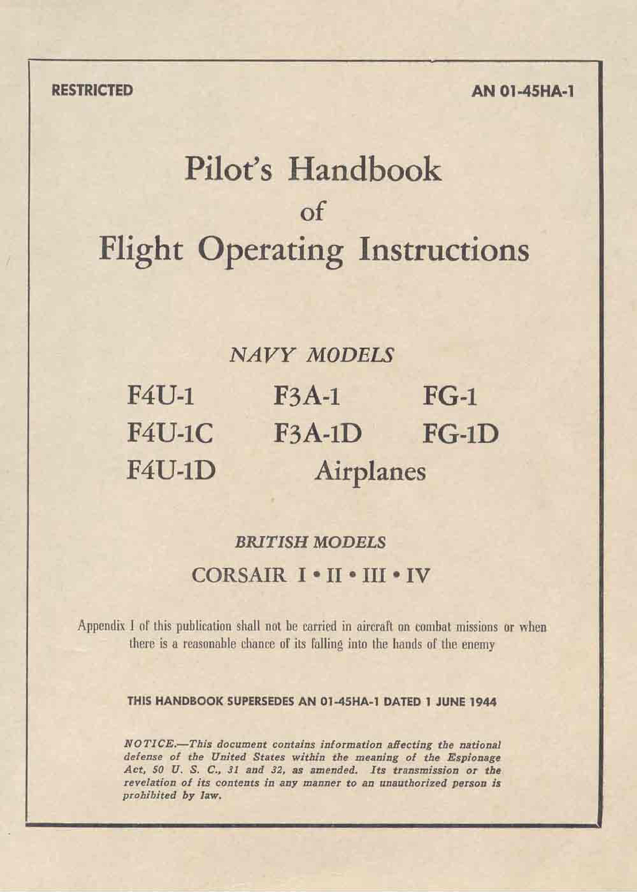 Sample page 1 from AirCorps Library document: Pilot's Handbook - Corsair - F4U, F3A, FG1