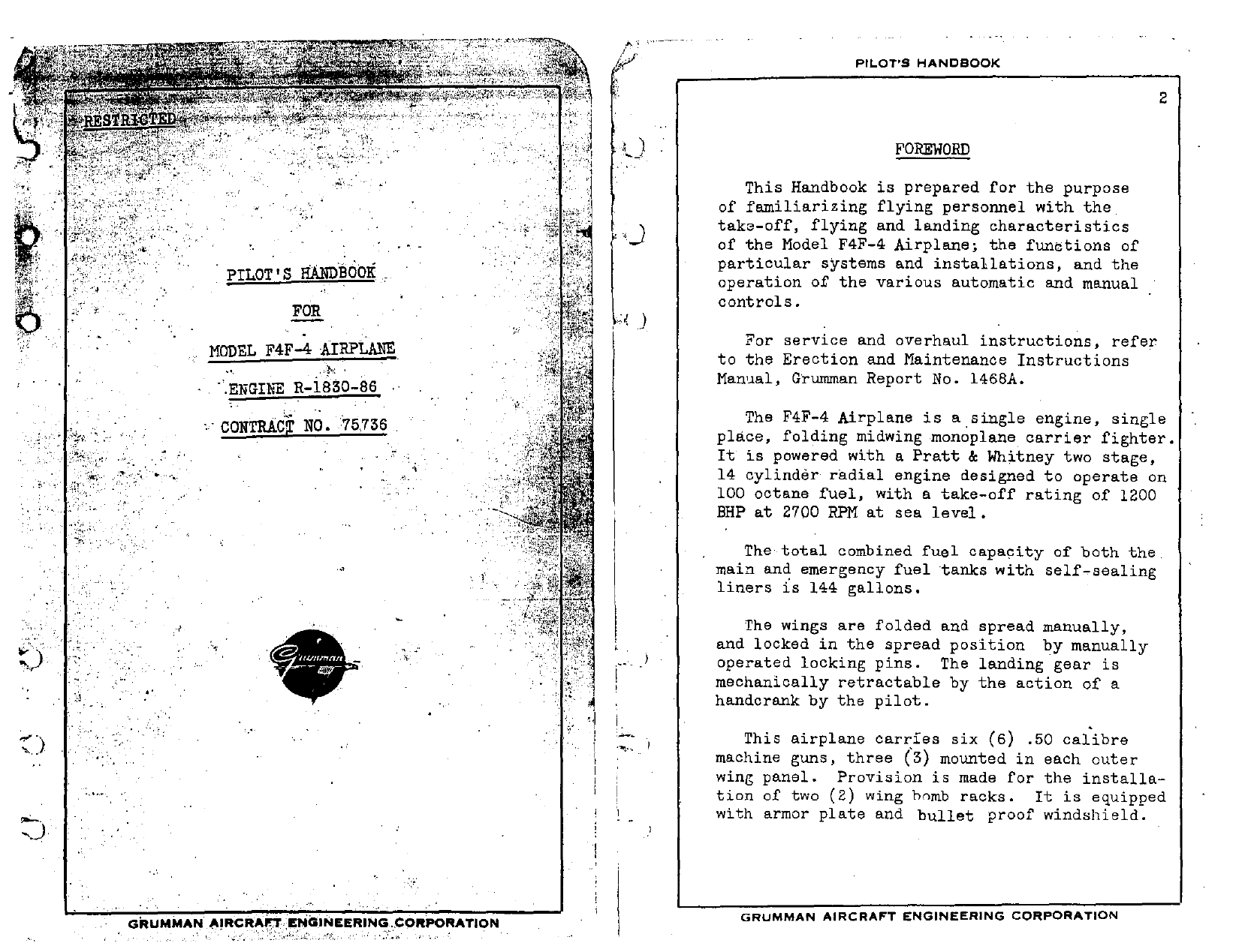 Sample page 1 from AirCorps Library document: Pilot's Handbook for Model F4F-4 Engine R-1830-86