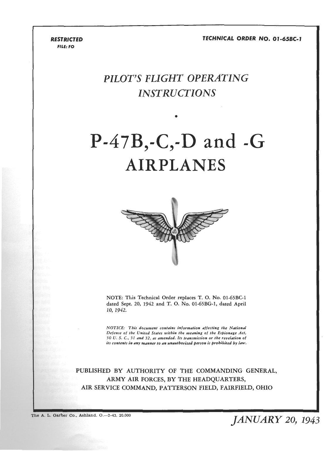 Sample page 1 from AirCorps Library document: Pilot's Operating Instructions P-47B, C, D, G