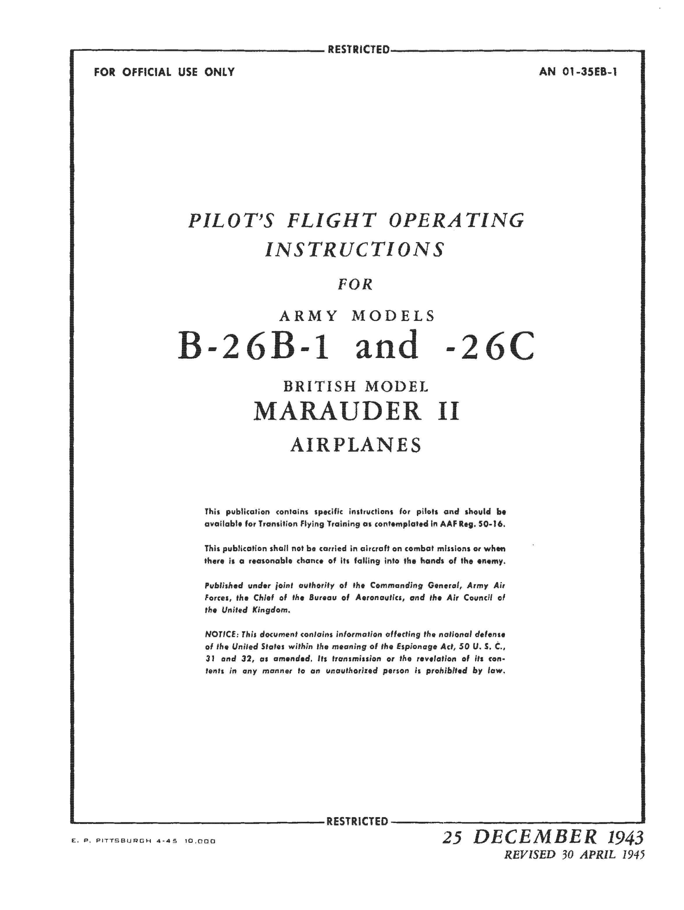 Sample page 1 from AirCorps Library document: Pilot's Flight Operating Instructions for B-26B-1 and -26C