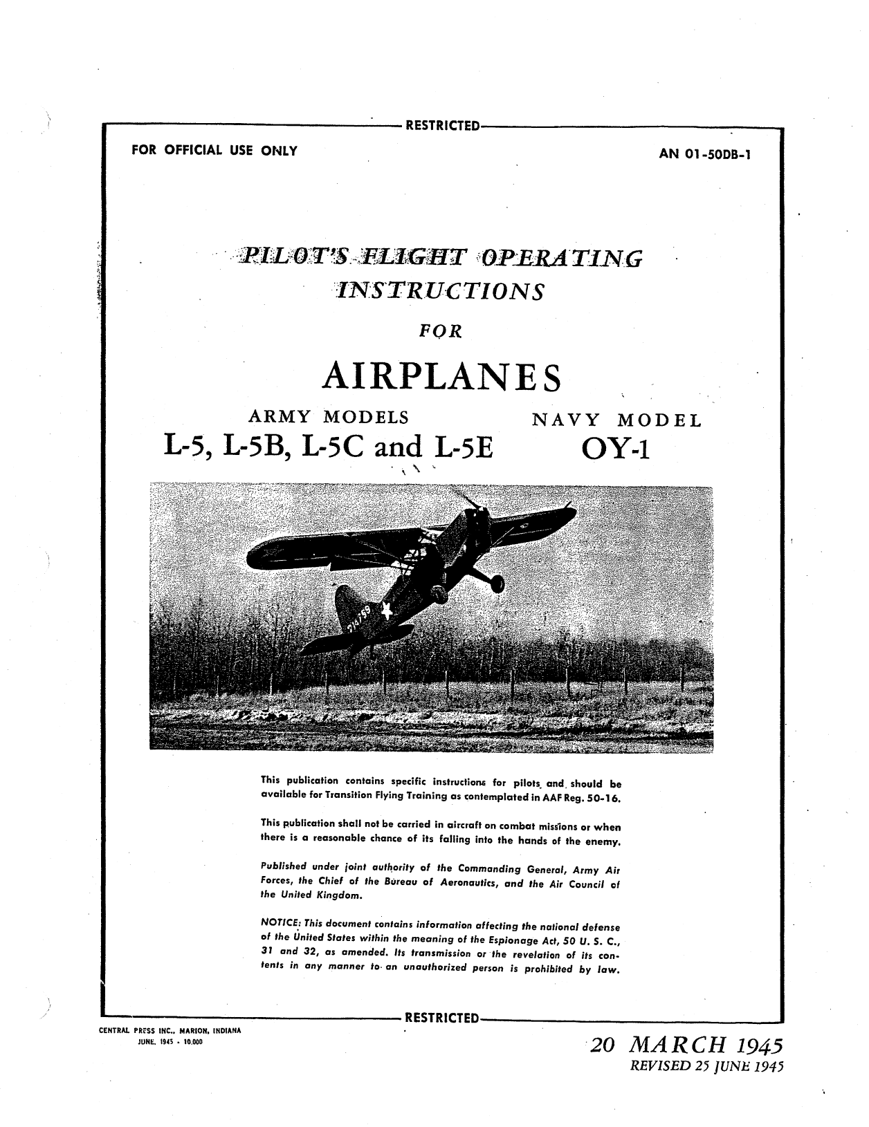 Sample page 1 from AirCorps Library document: Pilot's Flight Operating Instructions - L-5 OY-1