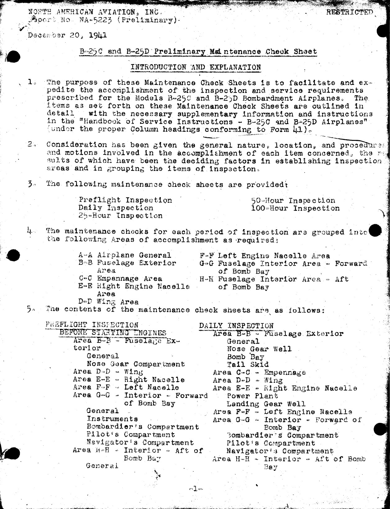 Sample page 1 from AirCorps Library document: Preliminary Maintenance Check Sheet B-25C, B-25D