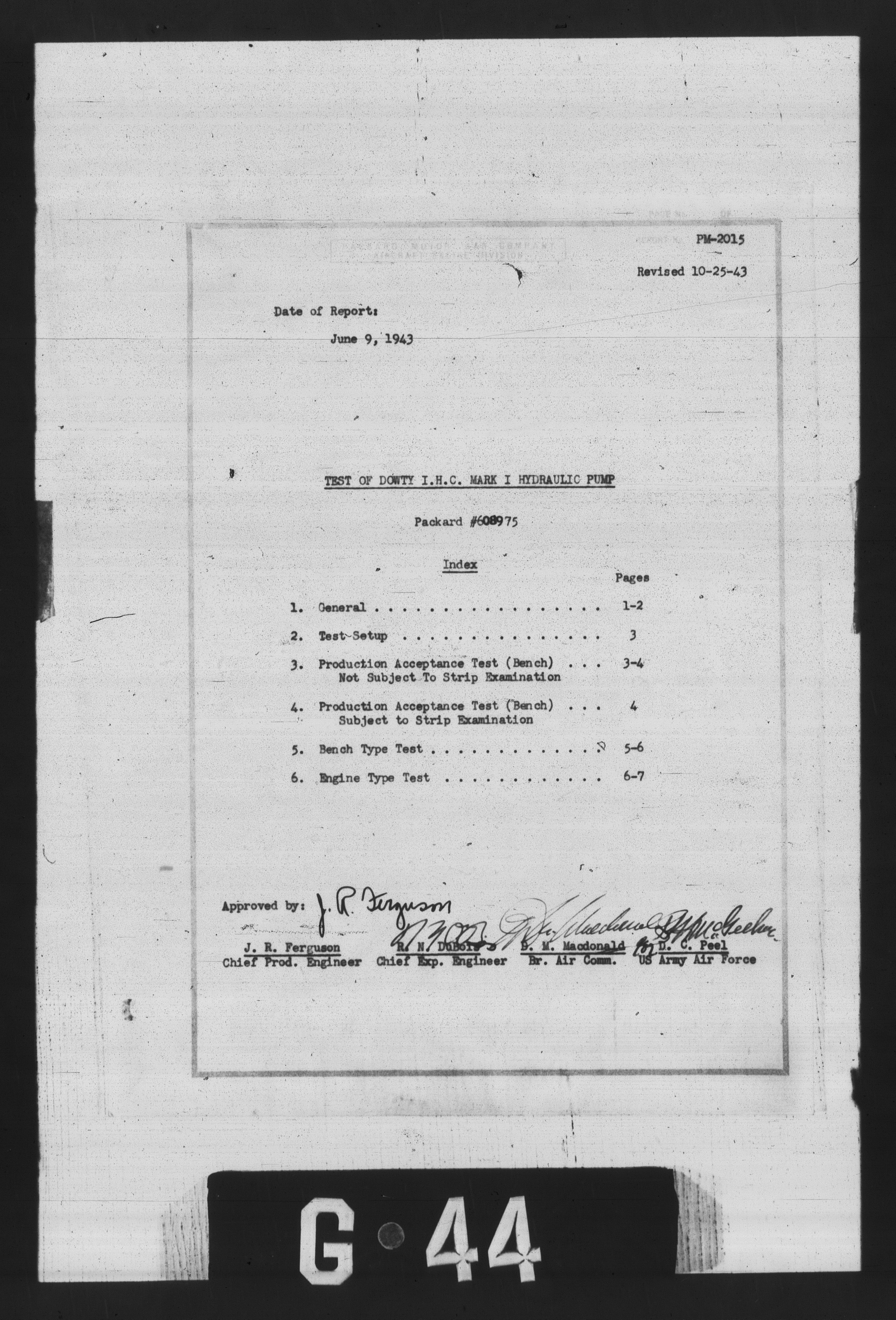 Sample page 1 from AirCorps Library document: Test of Dowty I.H.C. Mark I Hydraulic Pump