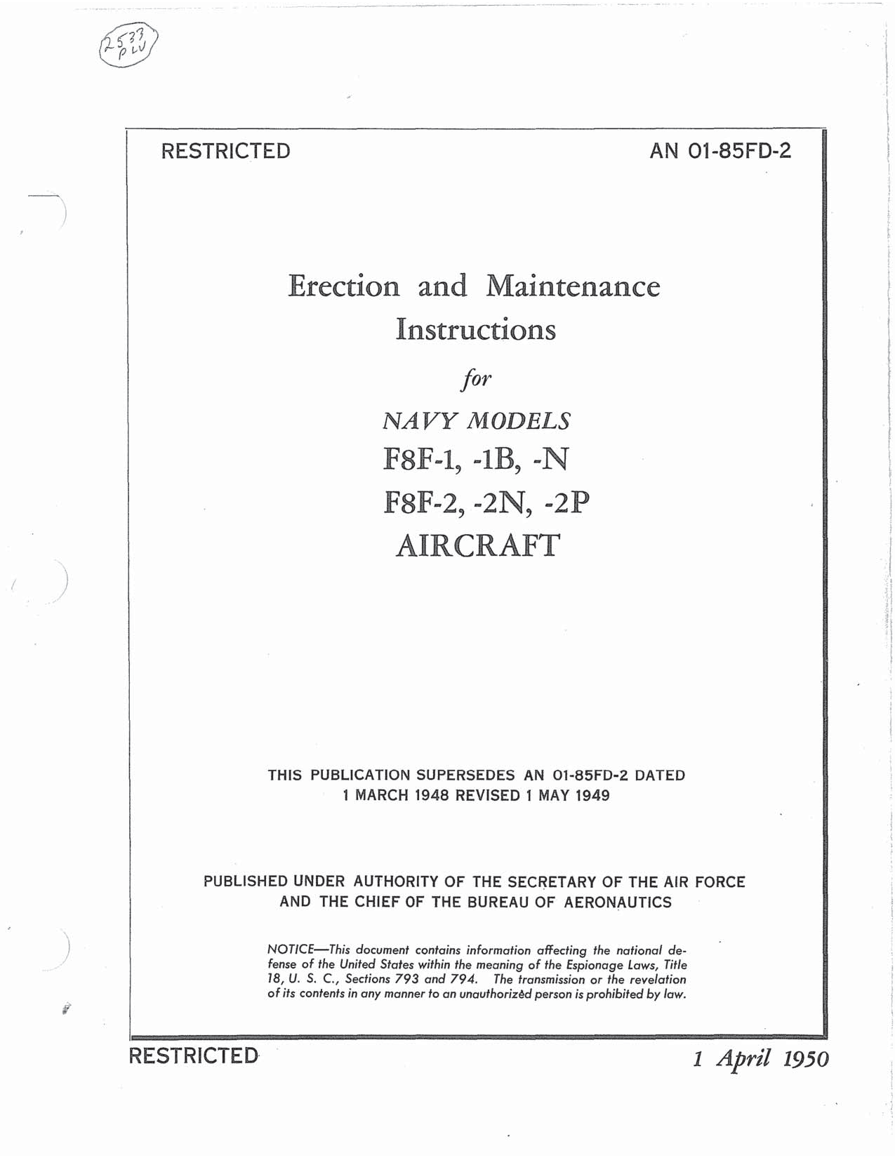 Sample page 1 from AirCorps Library document: Erection & Maintenance - F8F