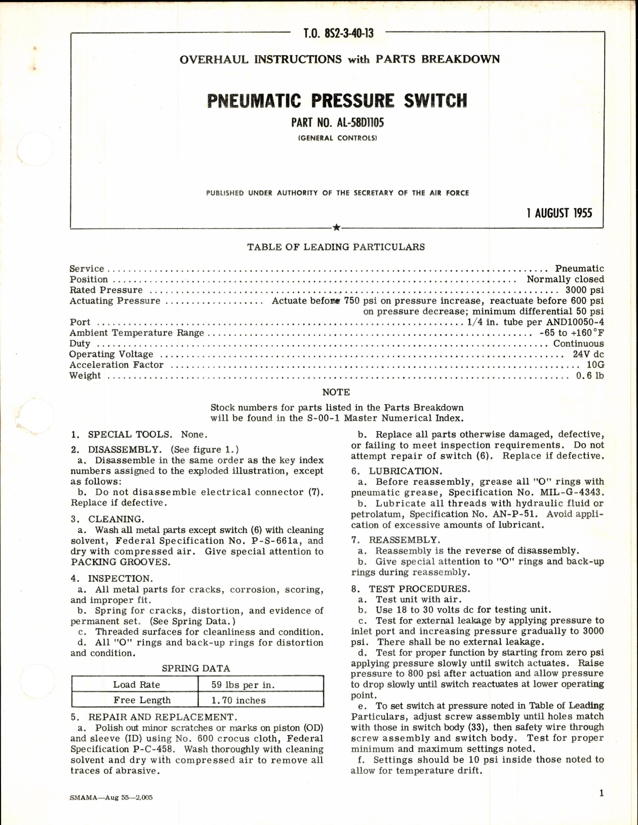 Sample page 1 from AirCorps Library document: Pneumatic Pressure Switch Part No AL-58D1105