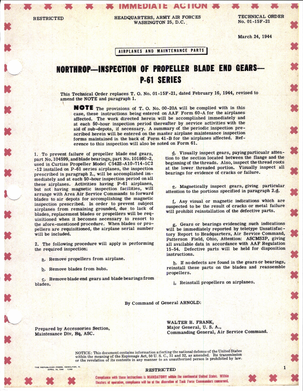 Sample page 1 from AirCorps Library document: Inspection of Propeller Blade End Gears for P-61